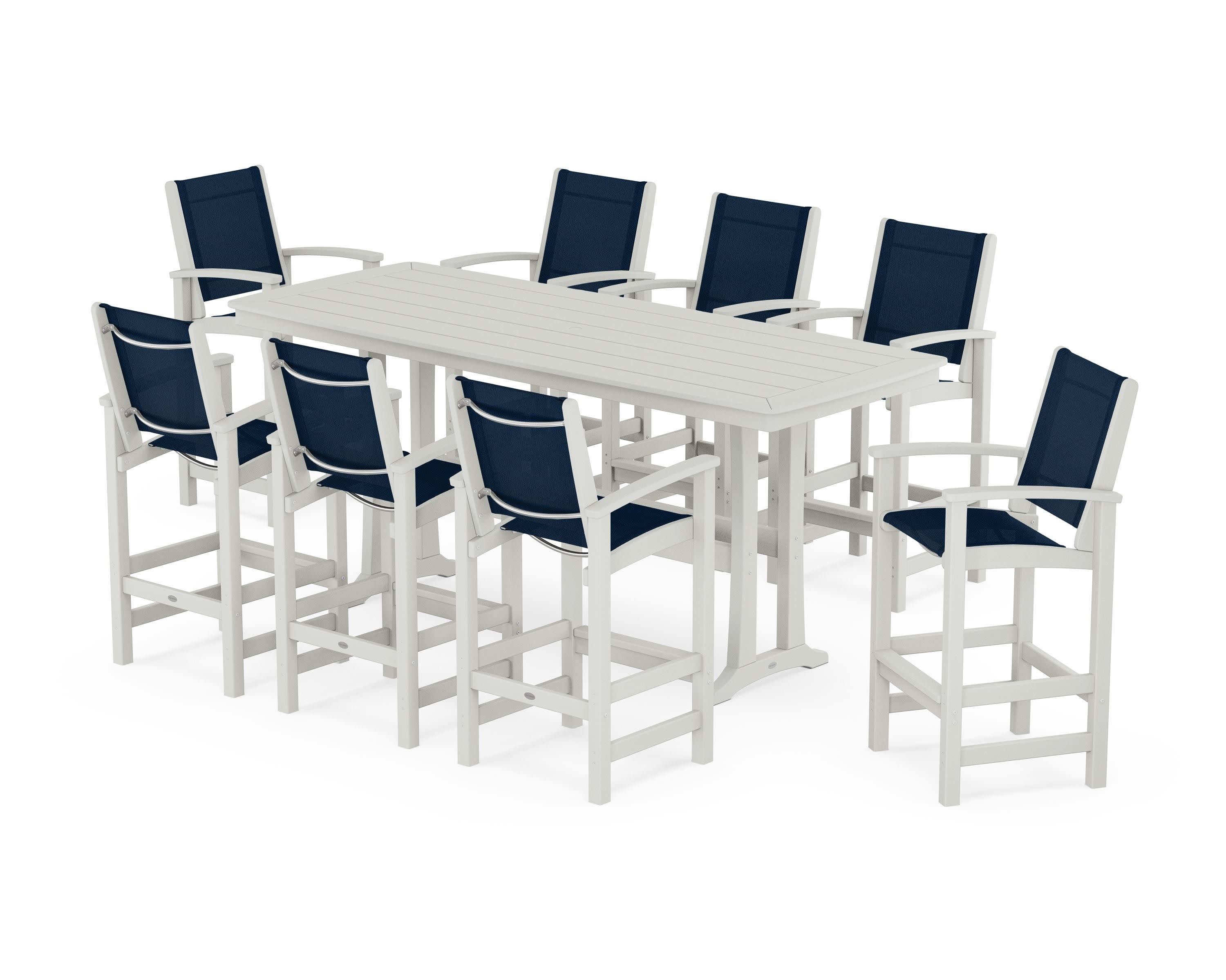 Coastal 9-Piece Bar Set with Trestle Legs in Vintage White / Navy Blue Sling