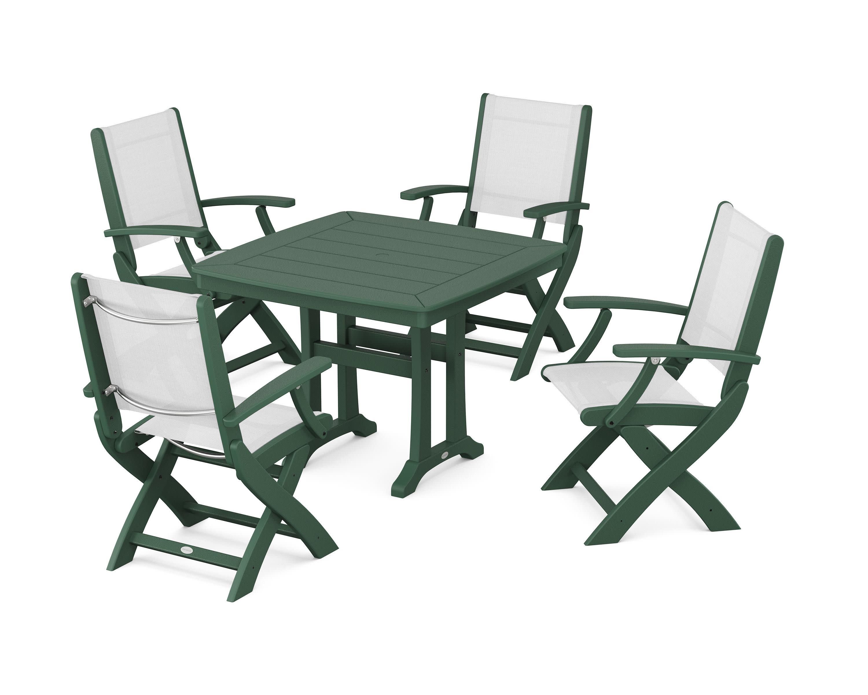 Coastal Folding Chair 5-Piece Dining Set with Trestle Legs in Green / White Sling