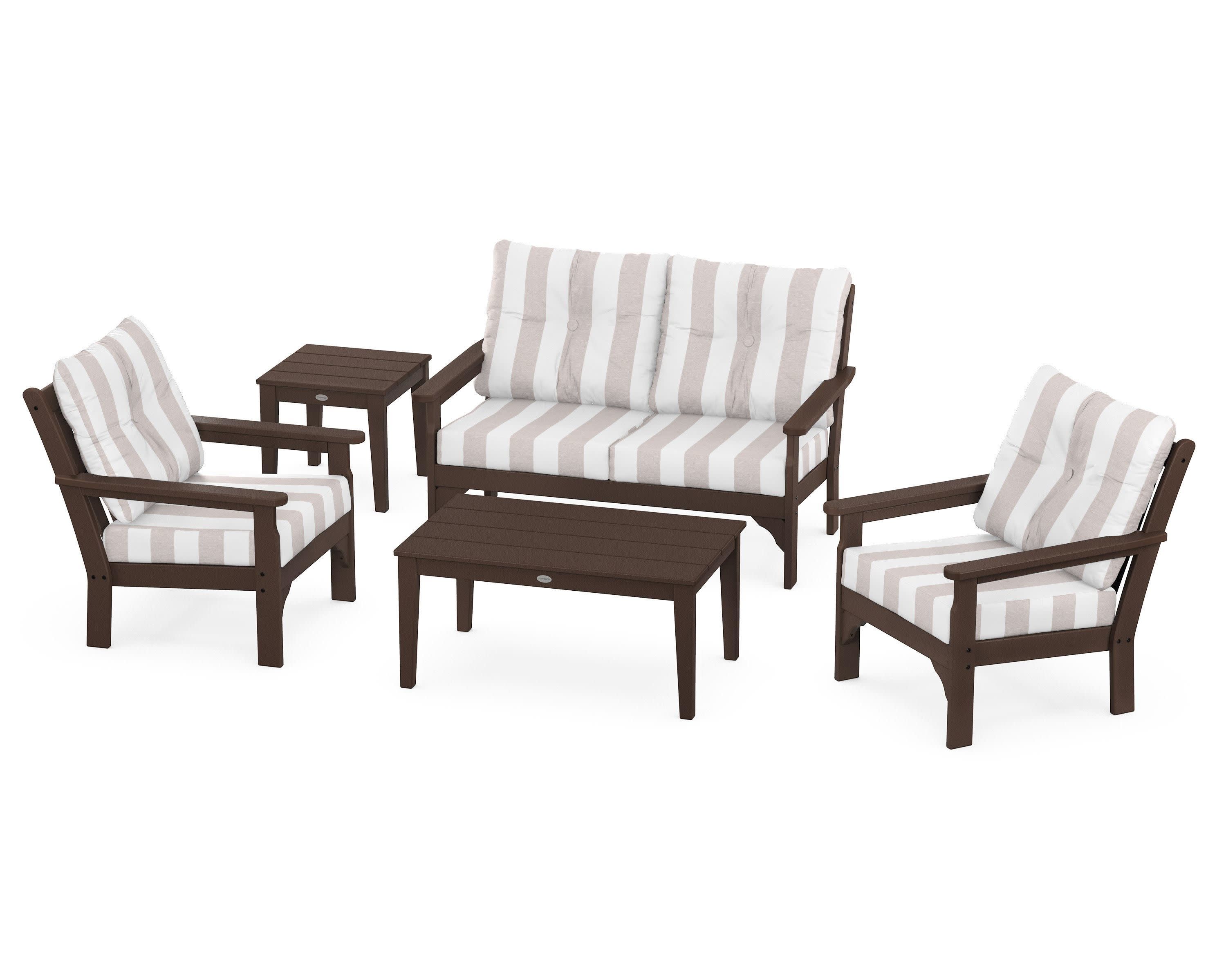 Vineyard 5-Piece Deep Seating Set in Mahogany / Cabana Stripe Dune Burlap