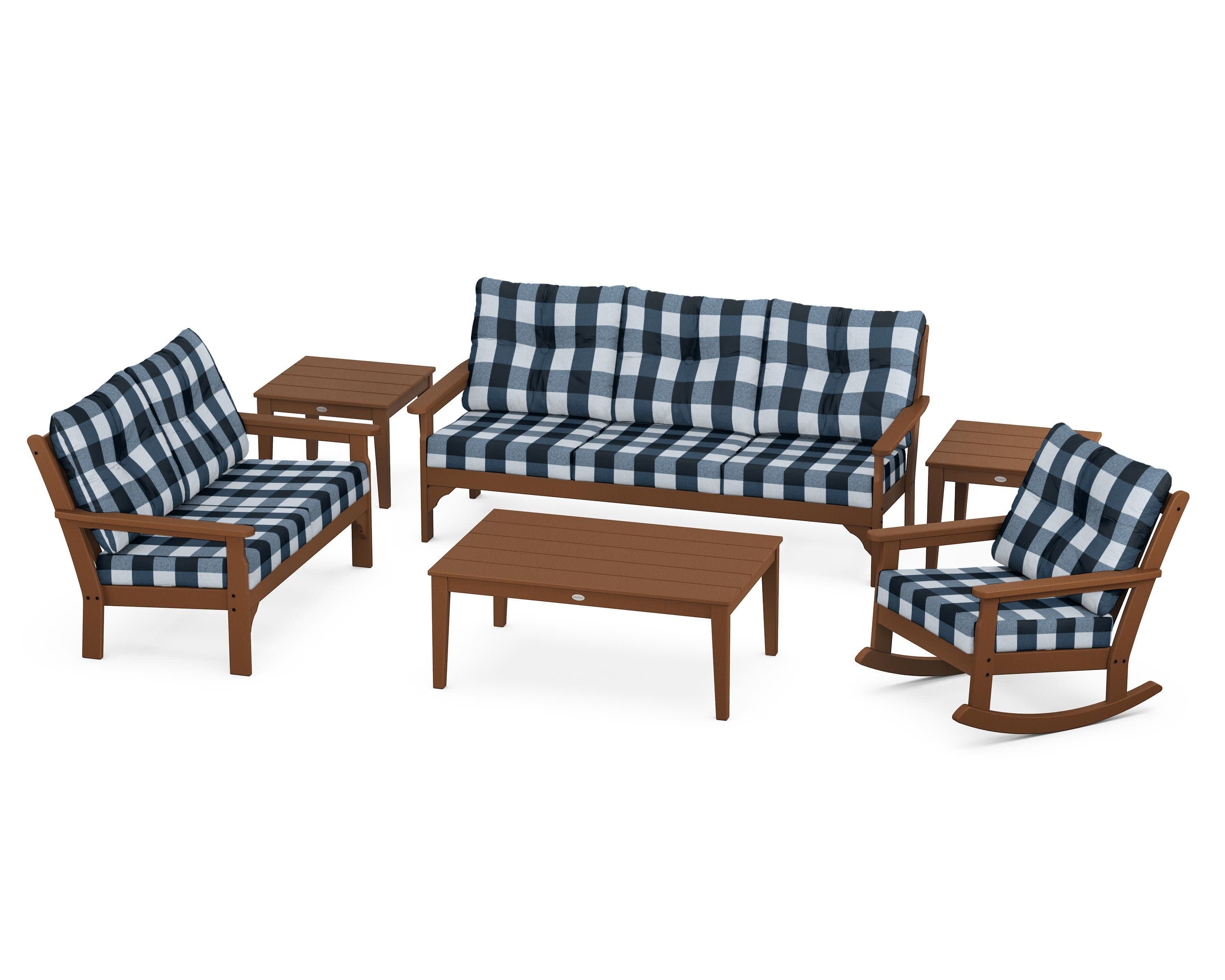 Vineyard 6-Piece Deep Seating Set in Teak / Buffalo Plaid Marine Indigo