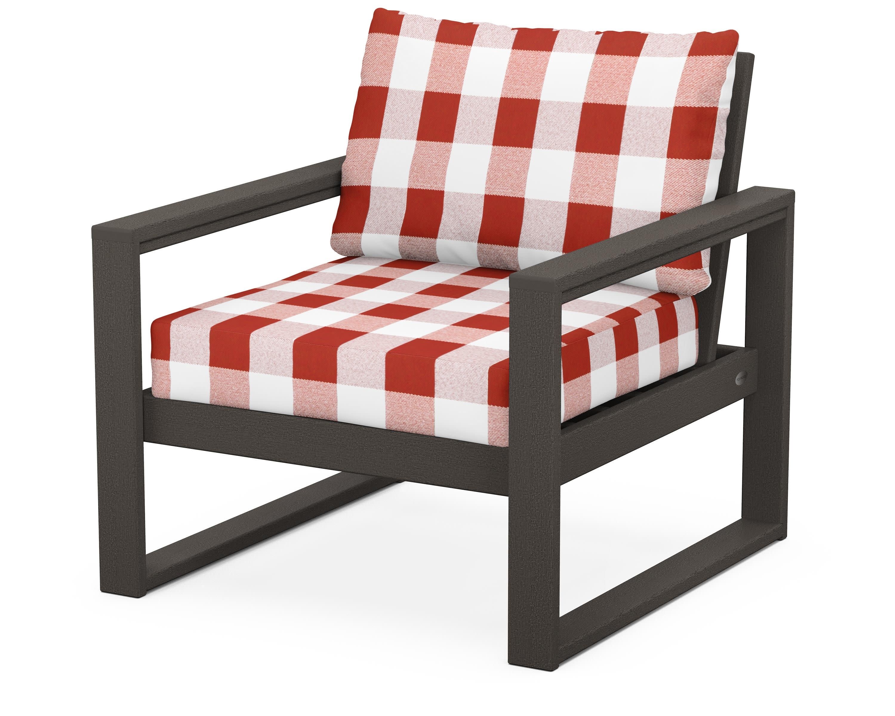 EDGE Club Chair in Vintage Coffee / Buffalo Plaid Crimson