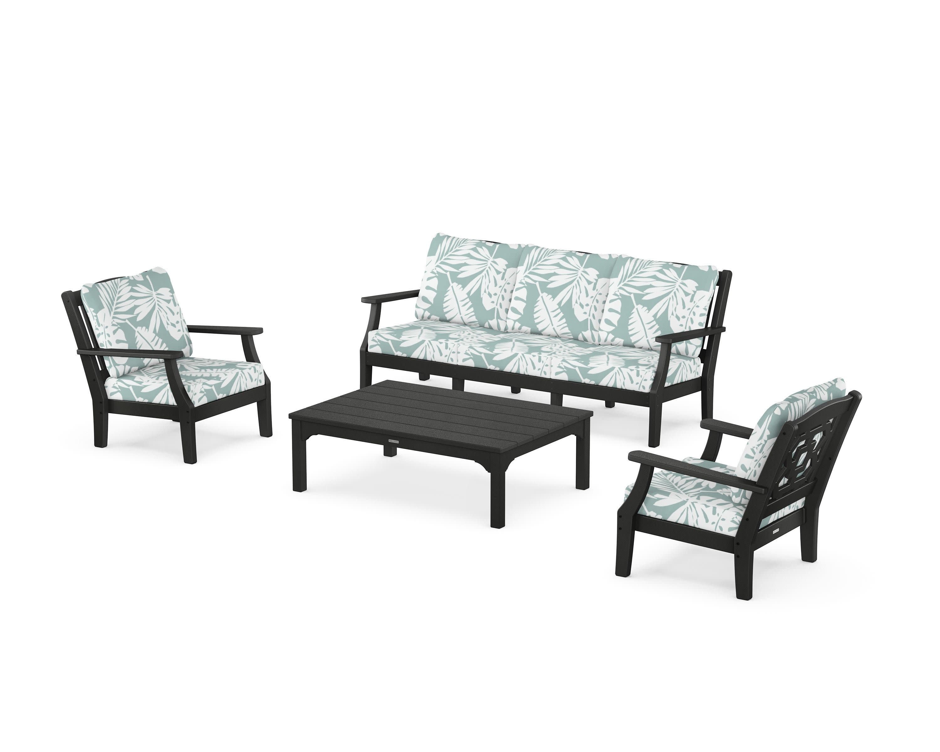 Chinoiserie 4-Piece Deep Seating Set with Sofa in Black / Leaf Glacier Spa