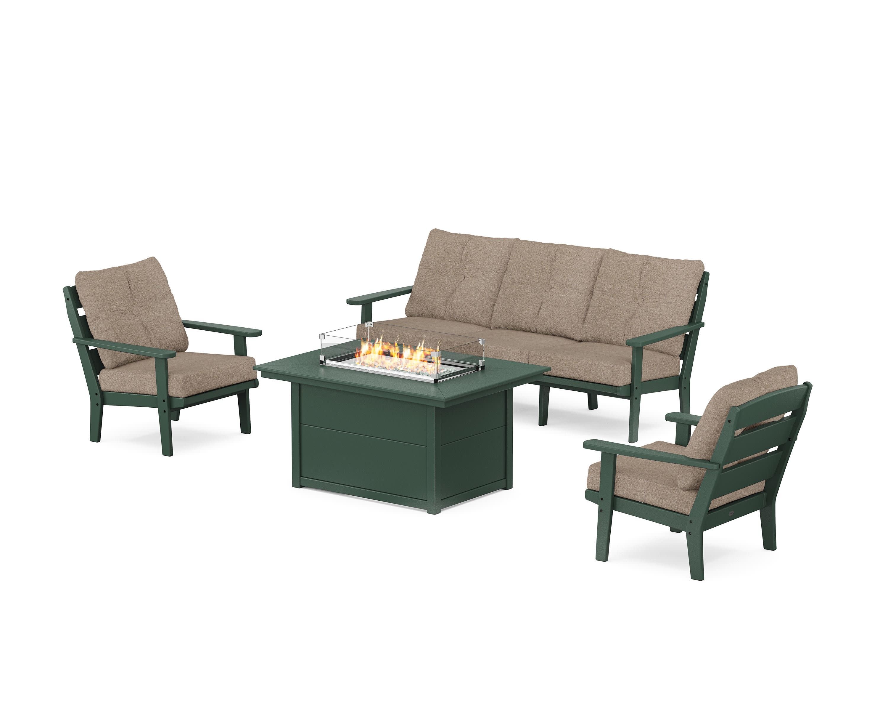Lakeside Deep Seating Fire Pit Table Set in Green / Spiced Burlap