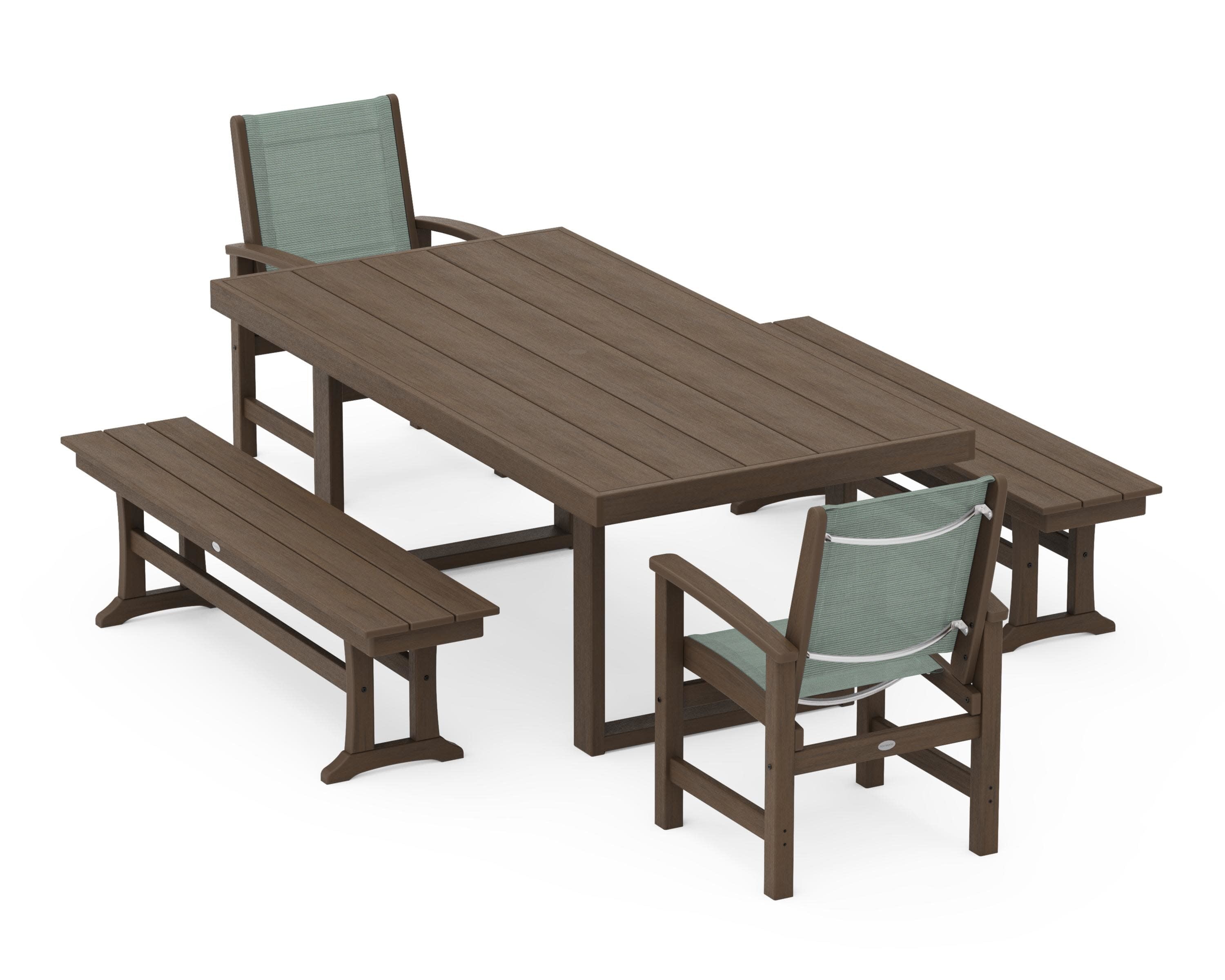 Coastal 5-Piece Dining Set with Trestle Legs in Kona / Dupioni Sea Mist Sling