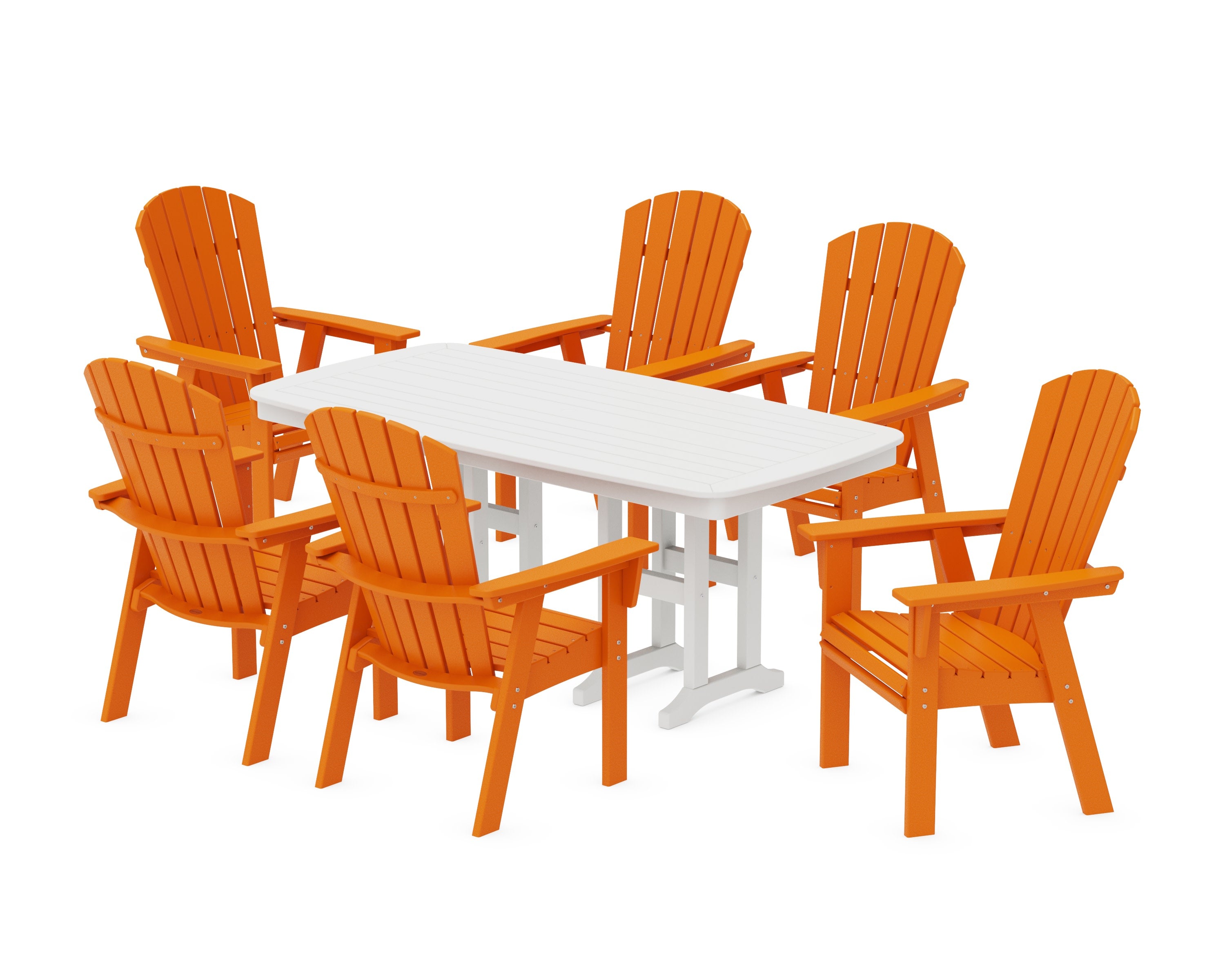 Nautical Curveback Adirondack 7-Piece Dining Set in Tangerine / White