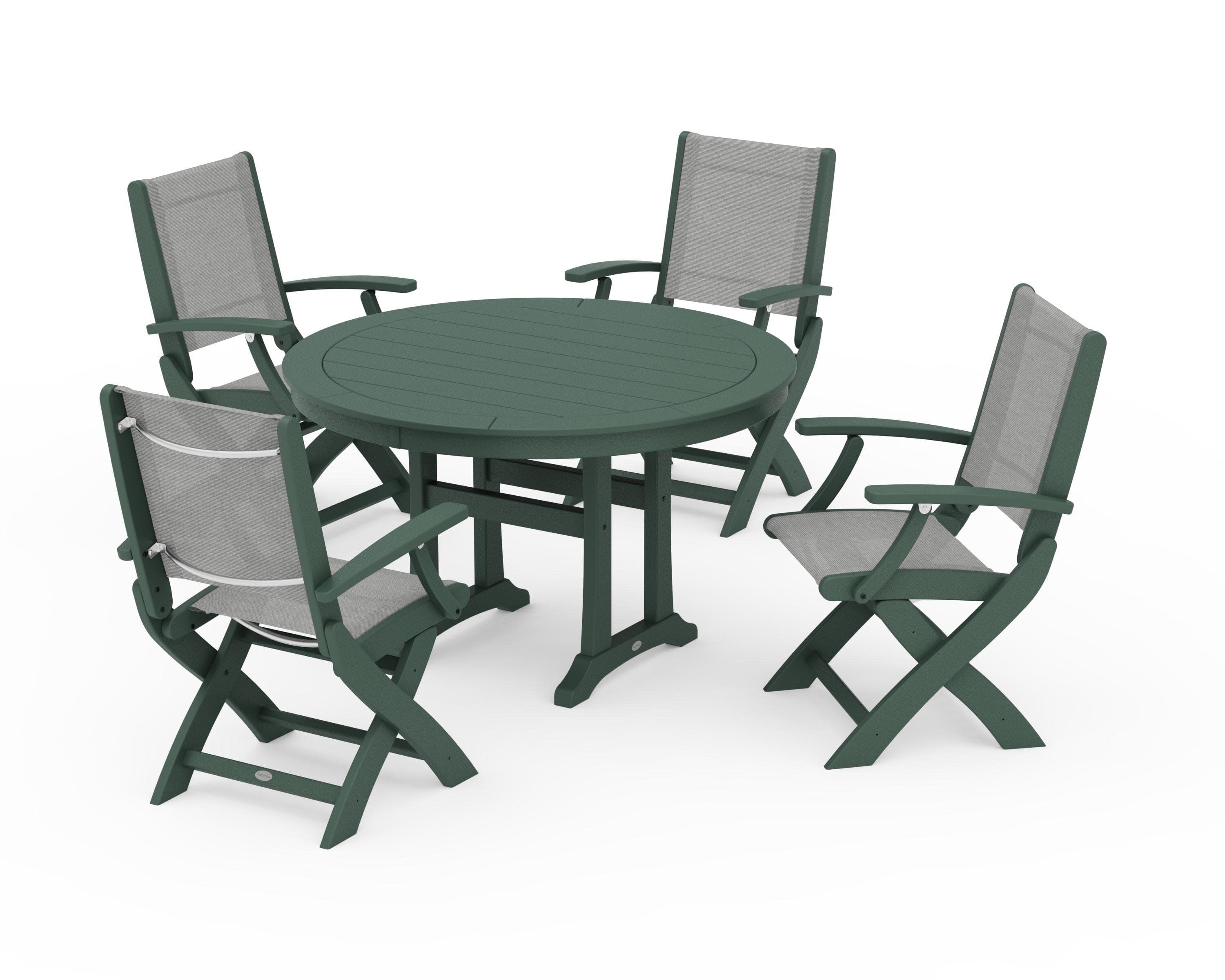 Coastal Folding Chair 5-Piece Round Dining Set with Trestle Legs in Green / Metallic Sling