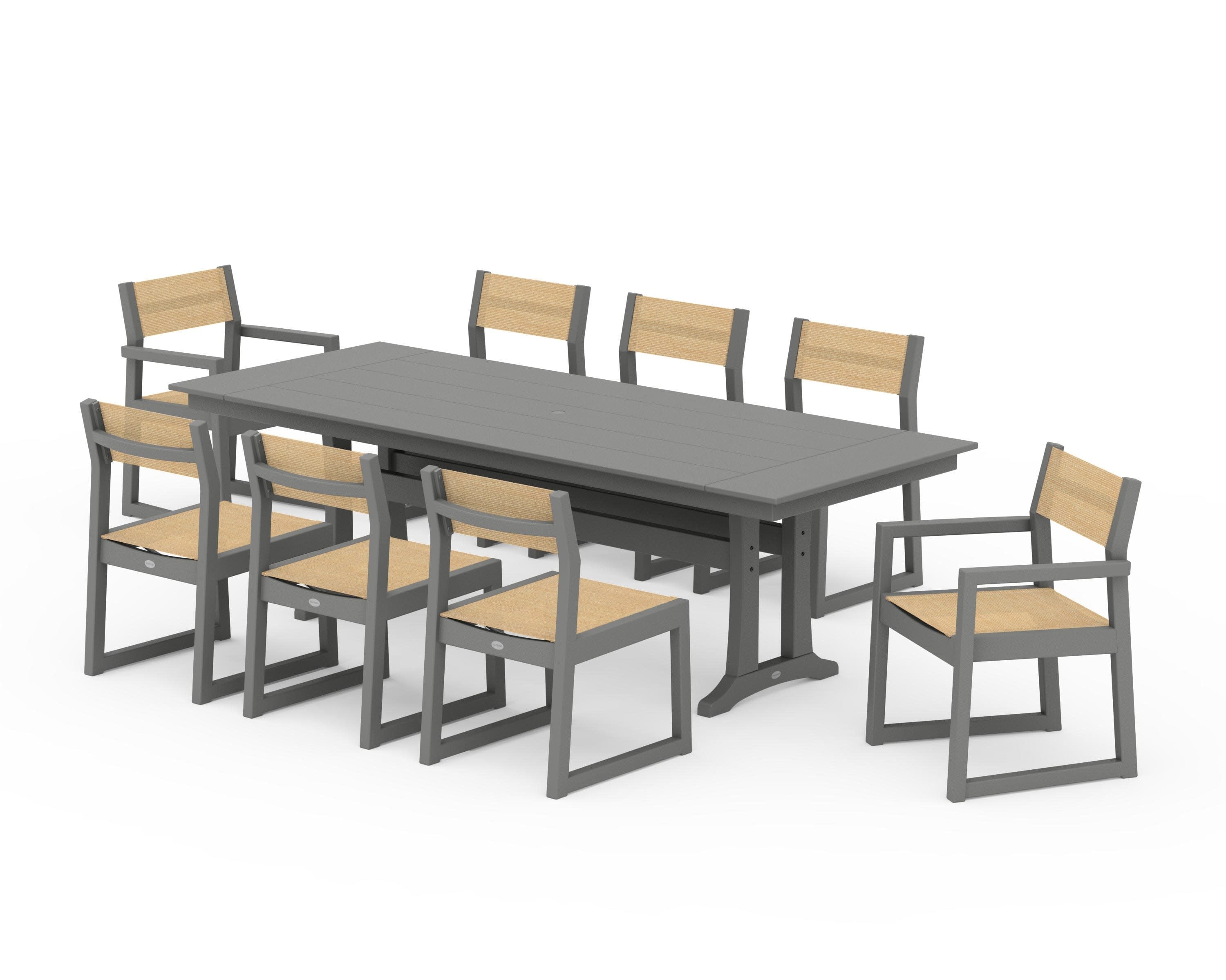EDGE Sling 9-Piece Farmhouse Trestle Dining Set in Slate Grey / Dupioni Apricot Sling