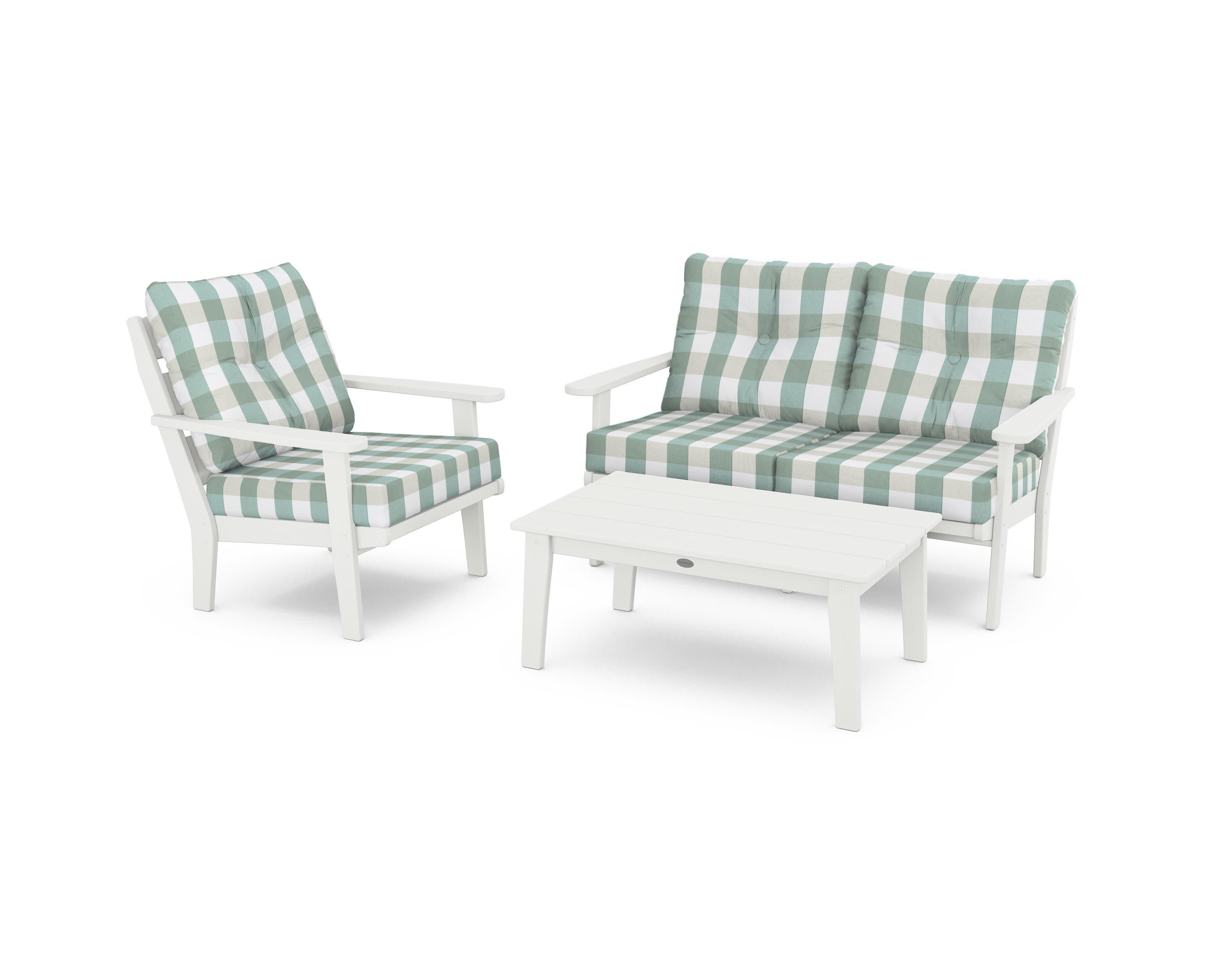 Lakeside 3-Piece Deep Seating Set in Vintage White / Buffalo Plaid Glacier Spa
