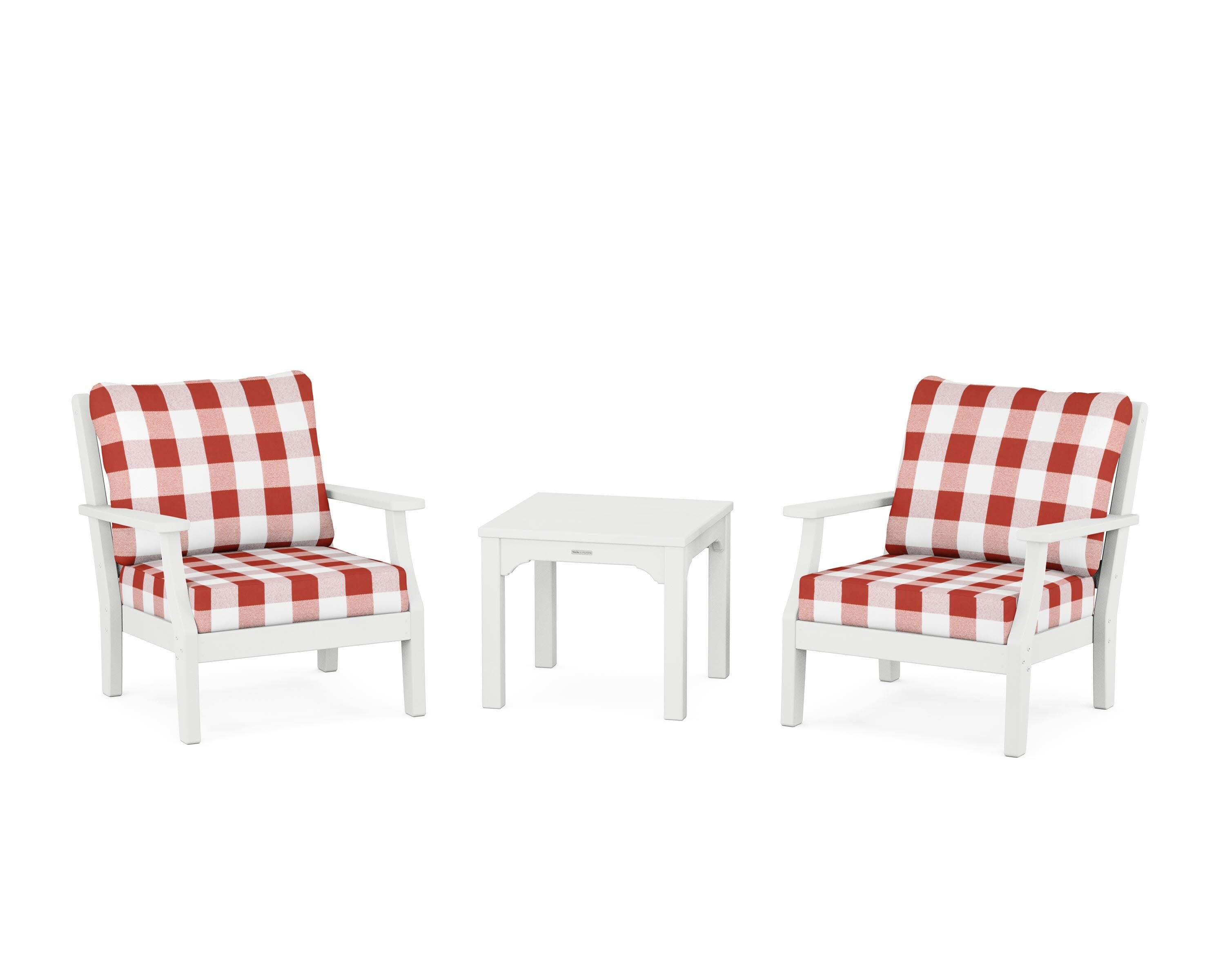 Chinoiserie 3-Piece Deep Seating Set in White / Buffalo Plaid Crimson