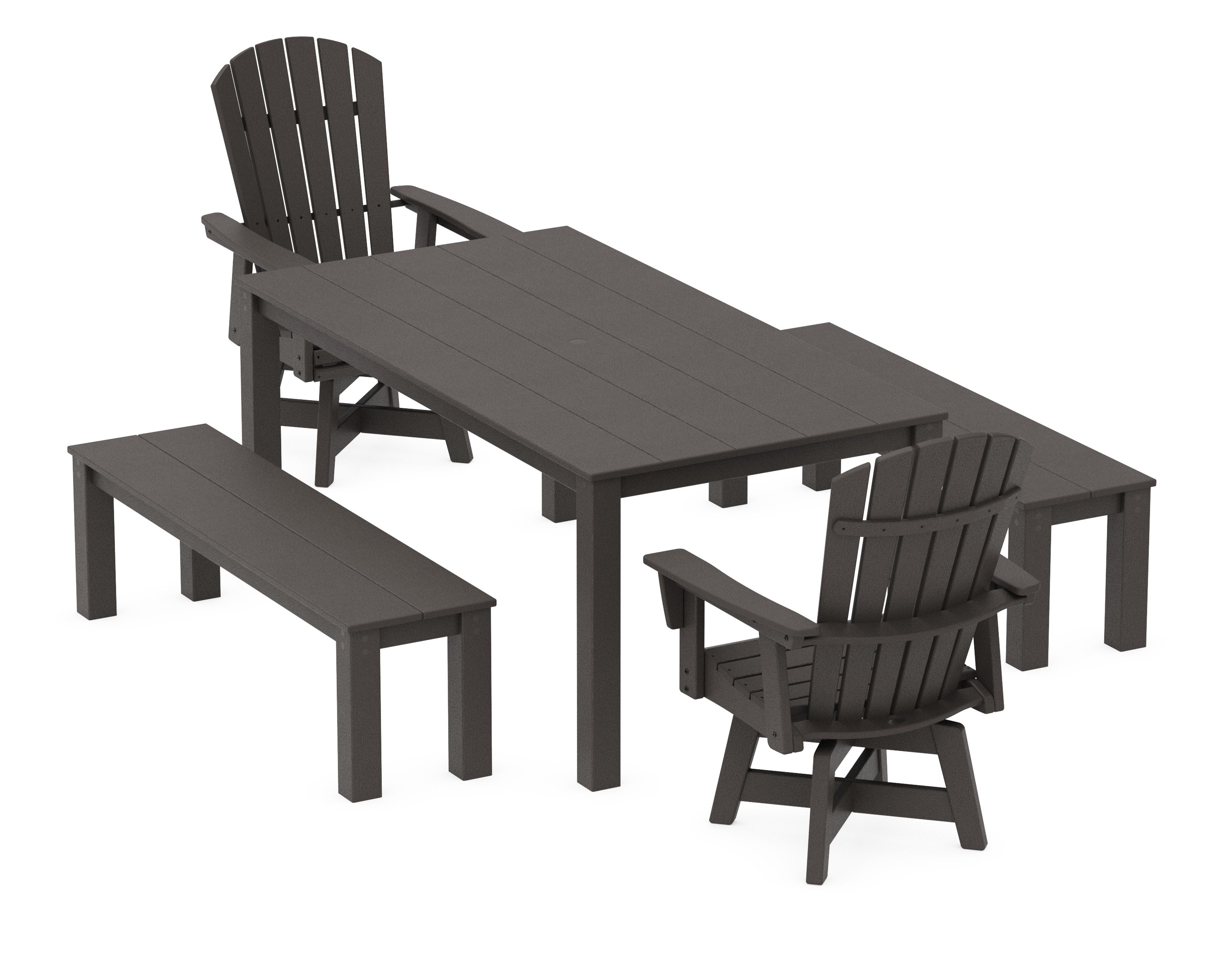 Nautical Curveback Adirondack Swivel 5-Piece Parsons Dining Set with Benches in Vintage Coffee