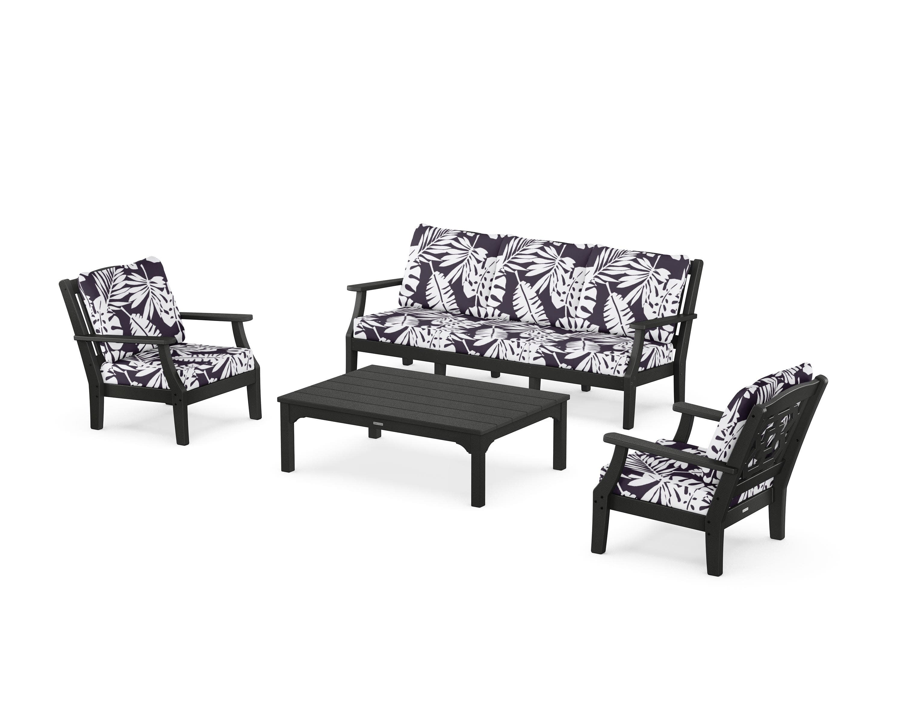 Chinoiserie 4-Piece Deep Seating Set with Sofa in Black / Leaf Navy