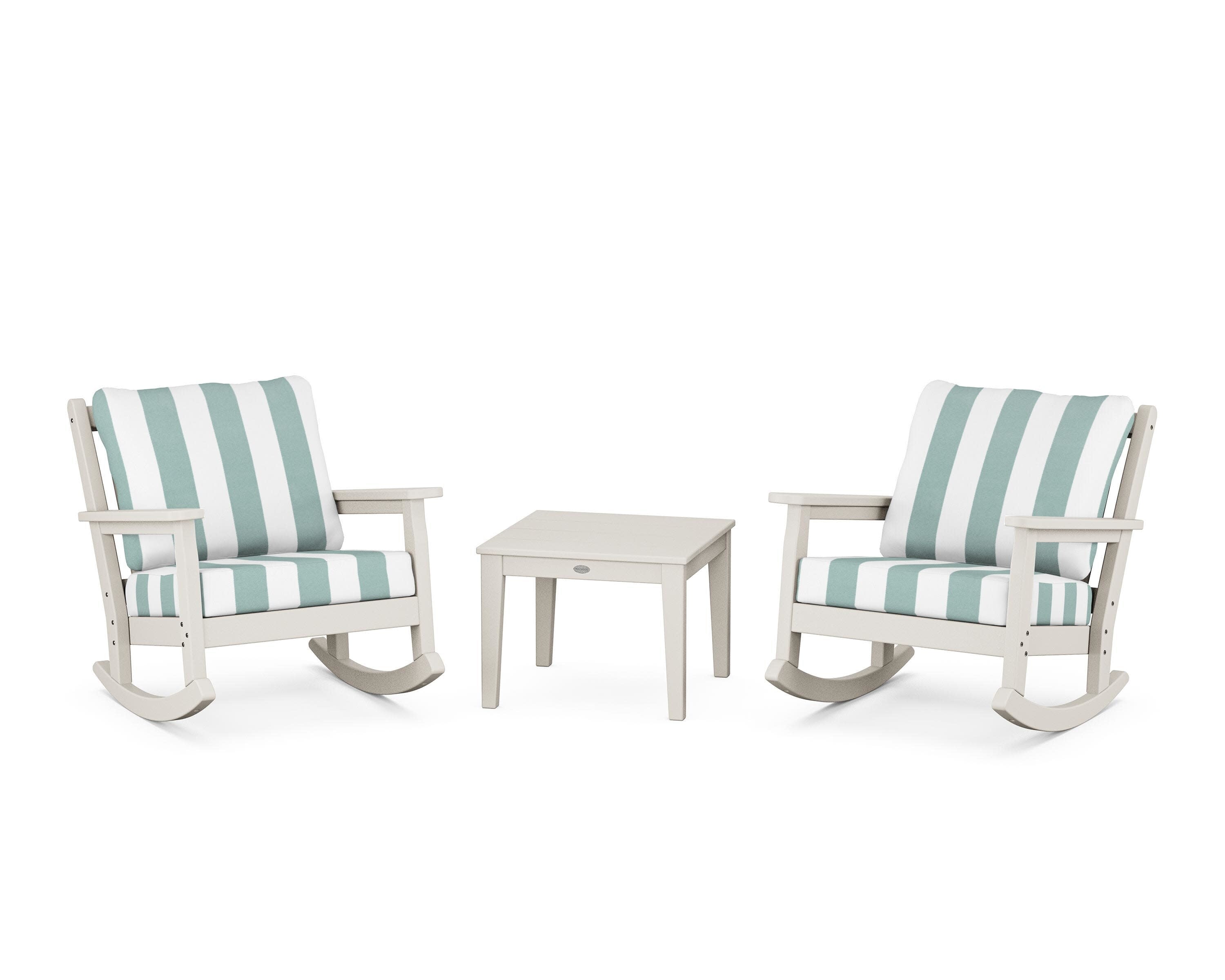 Chippendale 3-Piece Deep Seating Rocker Set in Sand / Cabana Stripe Glacier Spa
