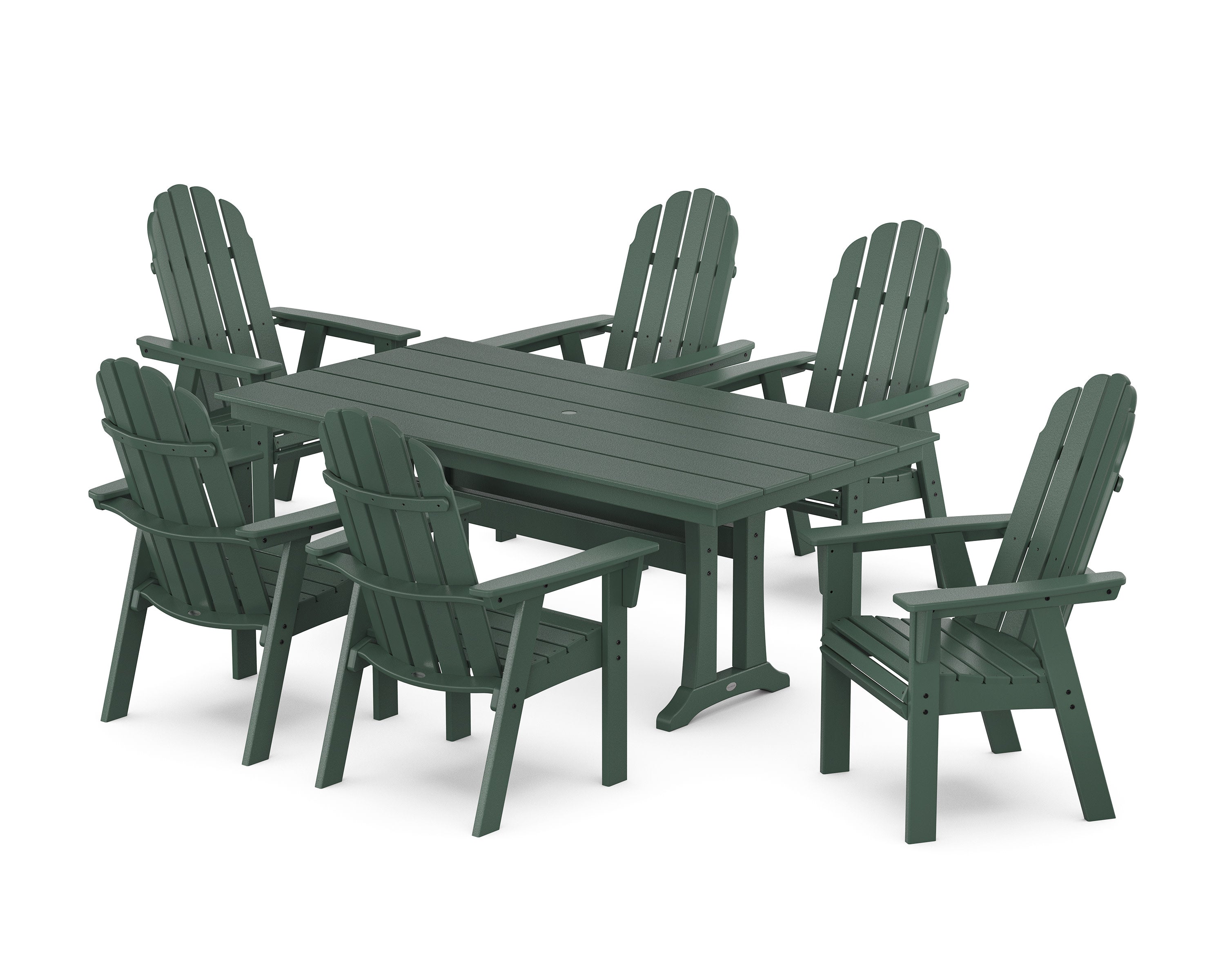 Vineyard Curveback Adirondack Chair 7-Piece Farmhouse Dining Set with Trestle Legs in Green