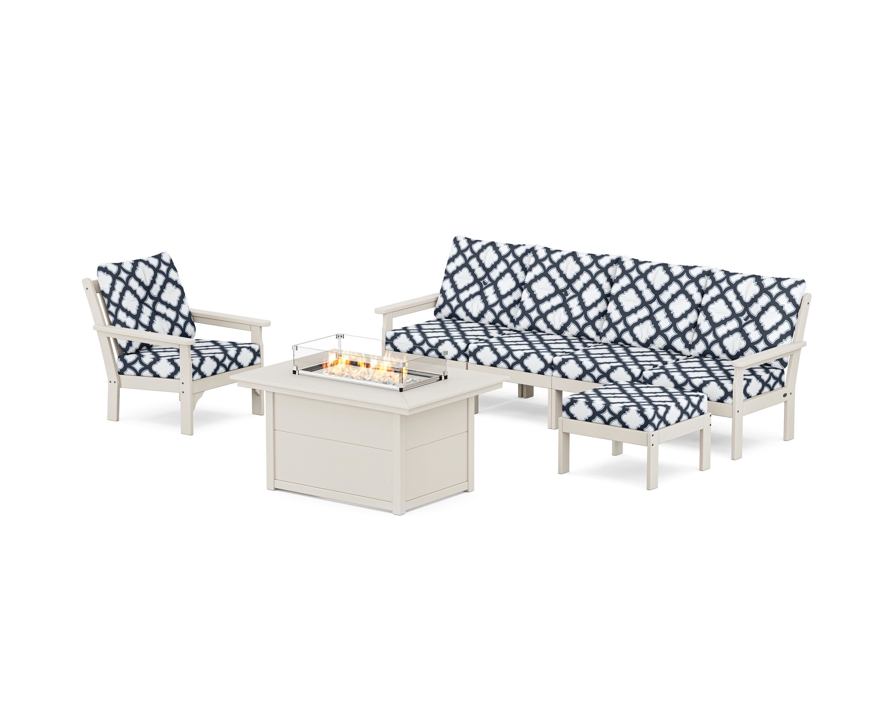 Vineyard Sectional Lounge and Fire Pit Set in Sand / Trellis Marine Indigo