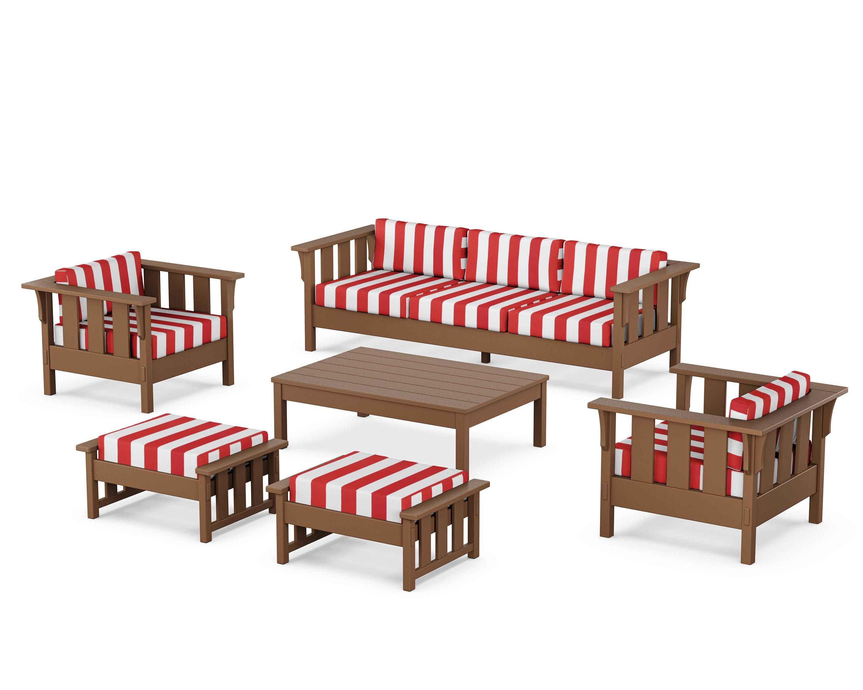 Acadia 6-Piece Lounge Sofa Set in Teak / Cabana Stripe Crimson
