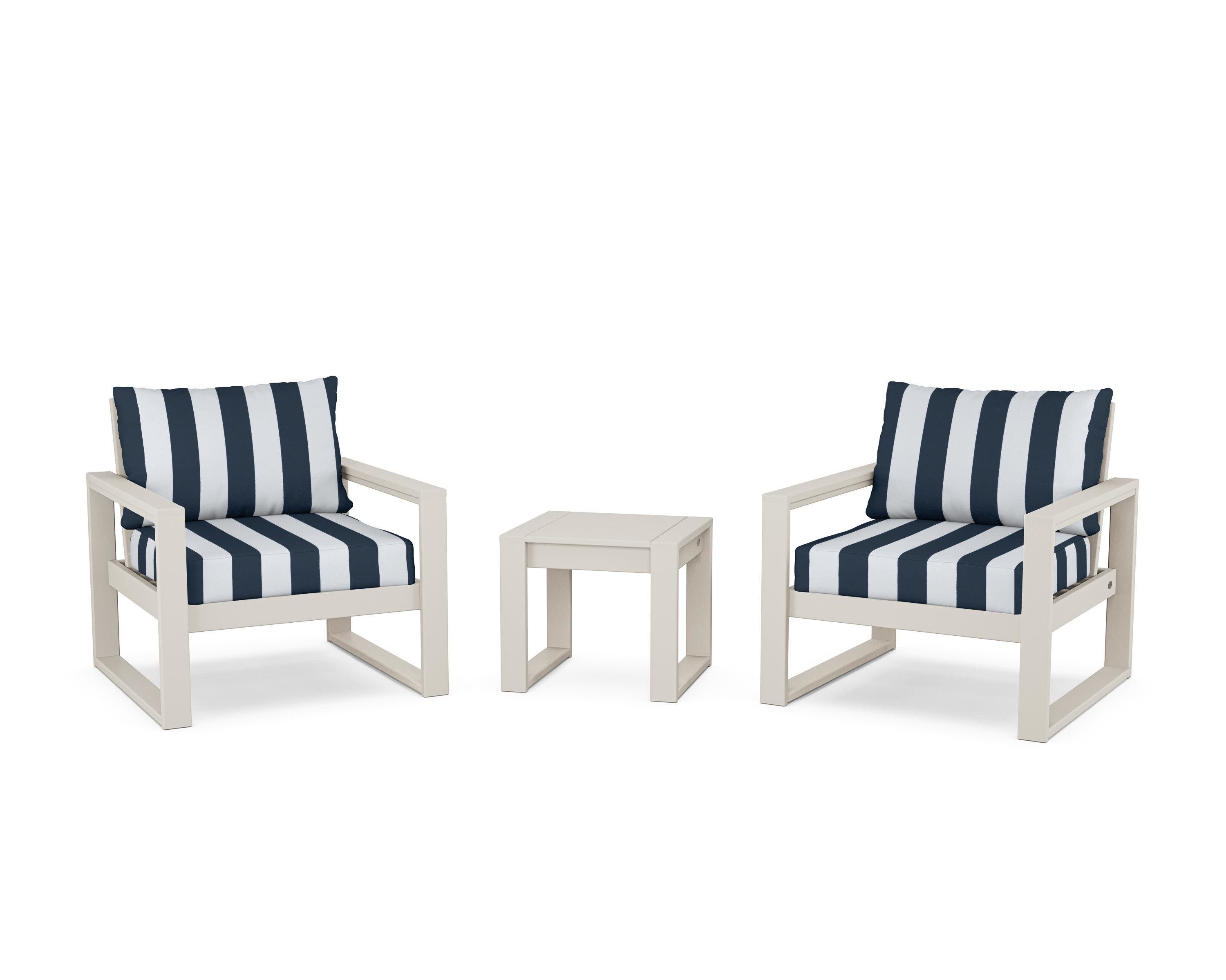 EDGE Sectional 3-Piece Deep Seating Set in Sand / Cabana Stripe Marine Indigo