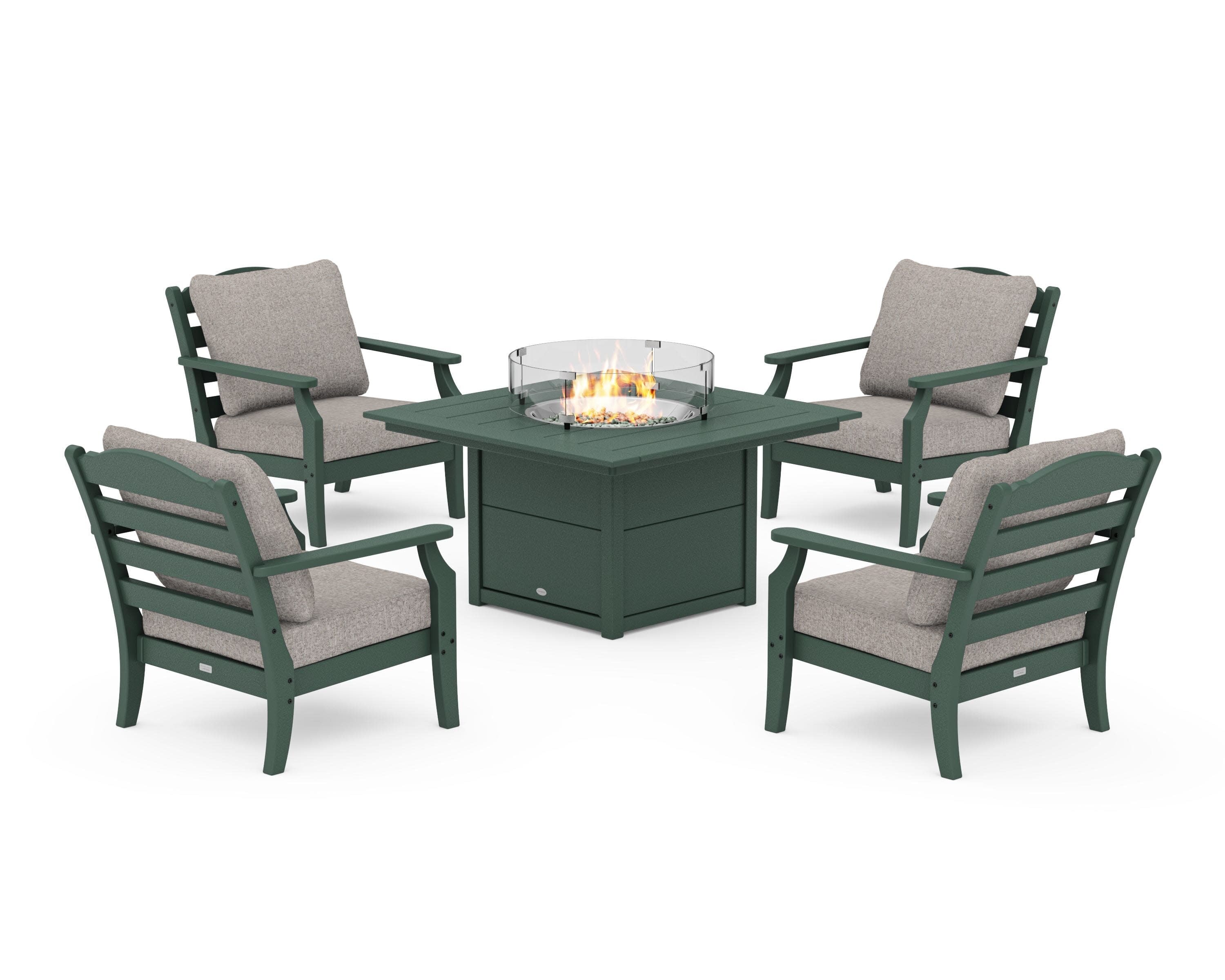 Savannah 5-Piece Deep Seating Set with Fire Pit Table in Green / Weathered Tweed