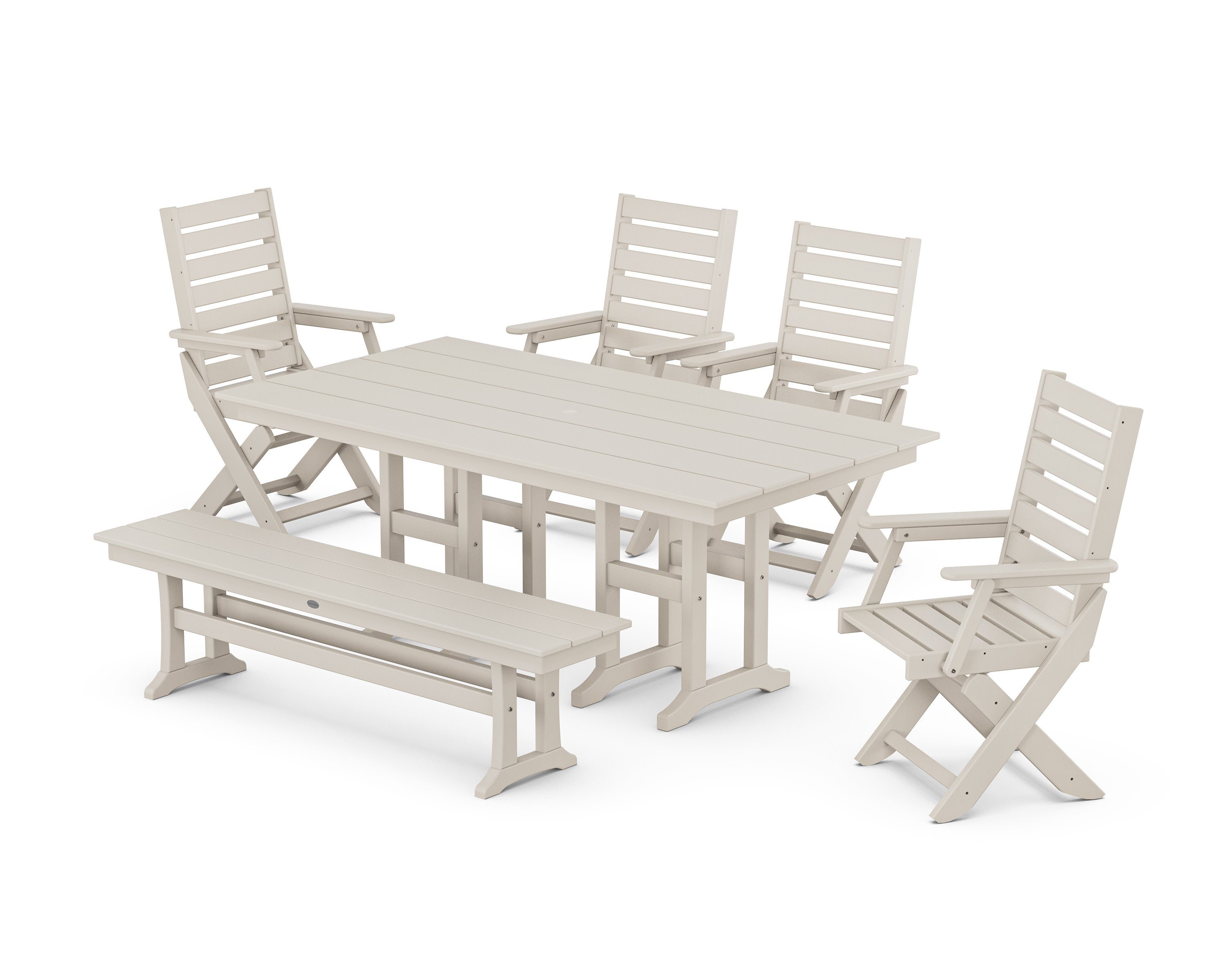 Captain Folding Chair 6-Piece Farmhouse Dining Set with Bench in Sand