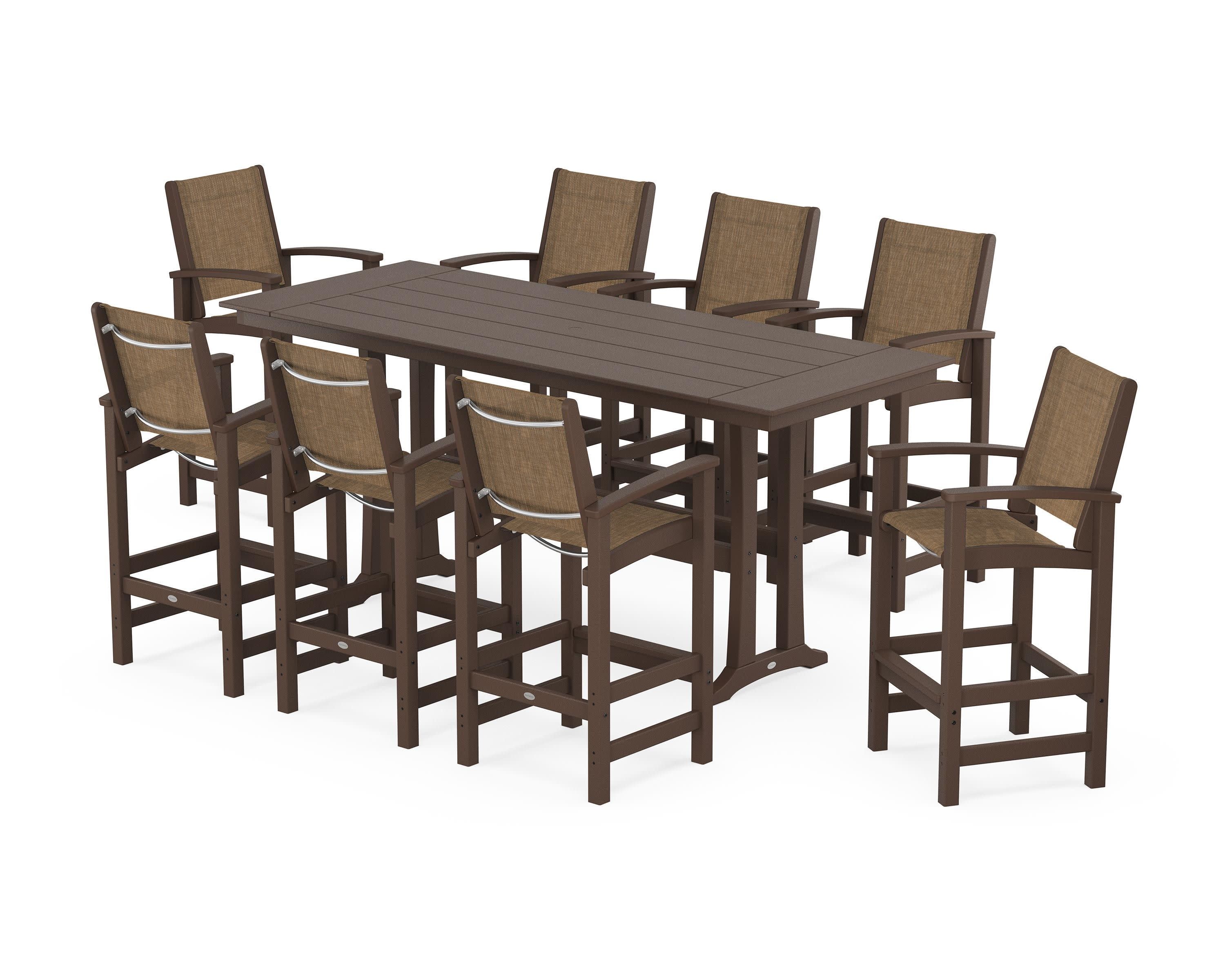 Coastal 9-Piece Farmhouse Bar Set with Trestle Legs in Mahogany / Burlap Sling