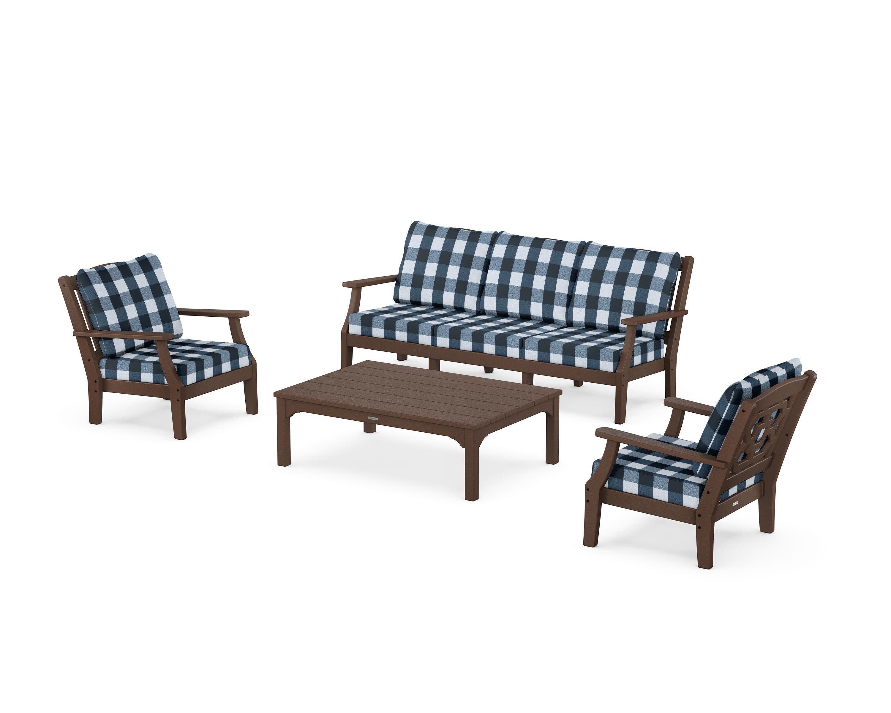 Chinoiserie 4-Piece Deep Seating Set with Sofa in Mahogany / Buffalo Plaid Marine Indigo