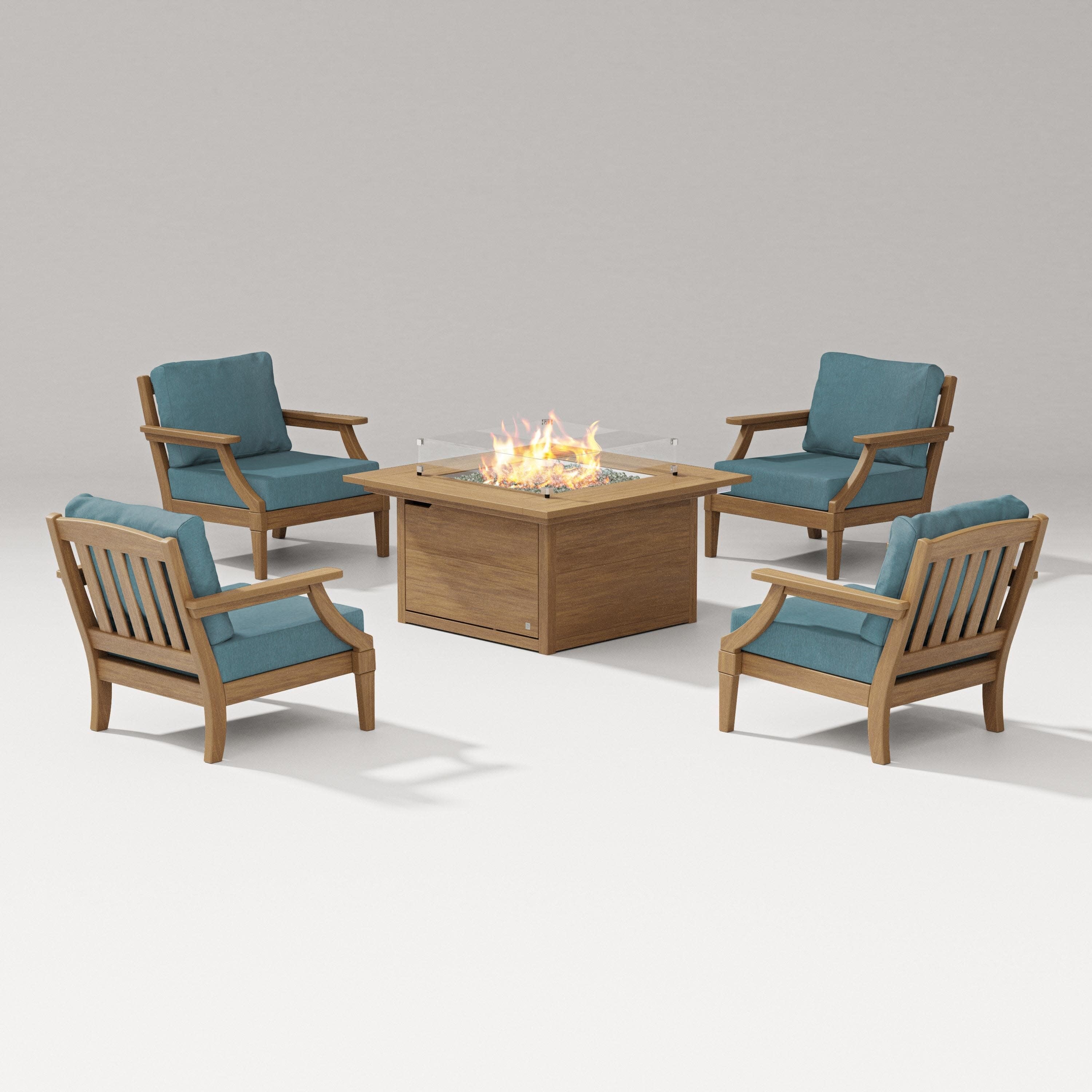 Estate 5-Piece Lounge Fire Table Set in Natural / Ocean Teal