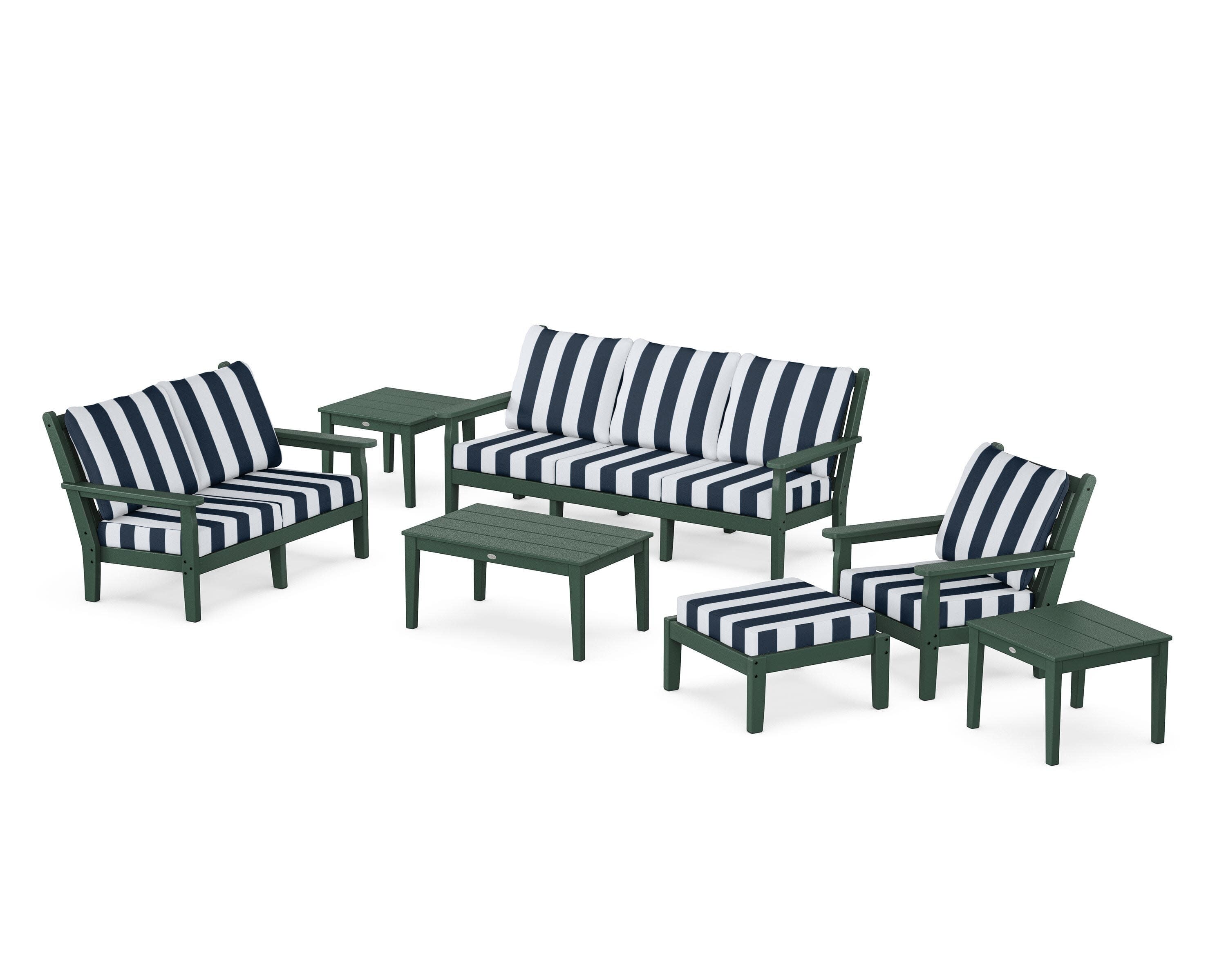 Chippendale 7-Piece Deep Seating Set in Green / Cabana Stripe Marine Indigo