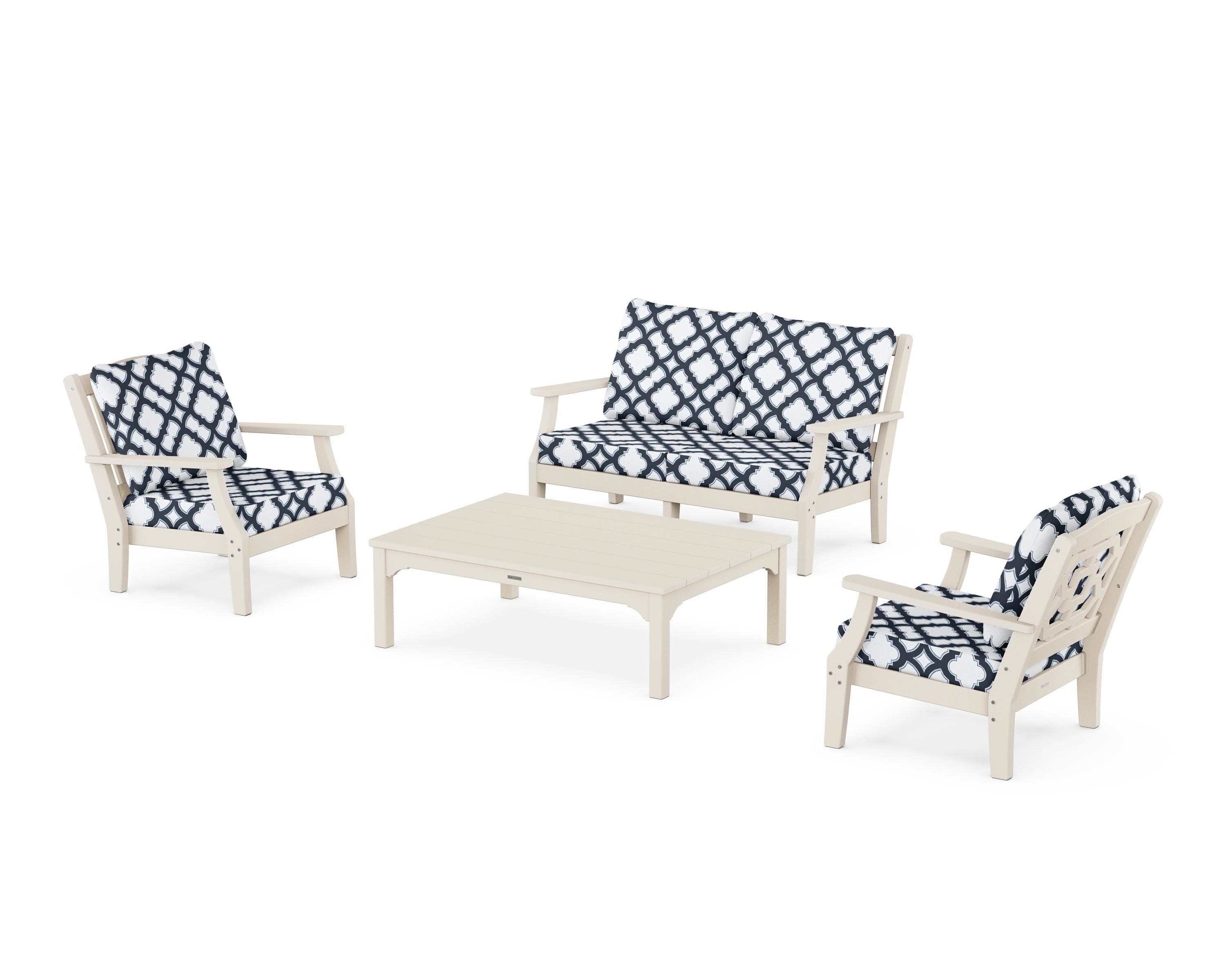 Chinoiserie 4-Piece Deep Seating Set with Loveseat in Sand / Trellis Marine Indigo