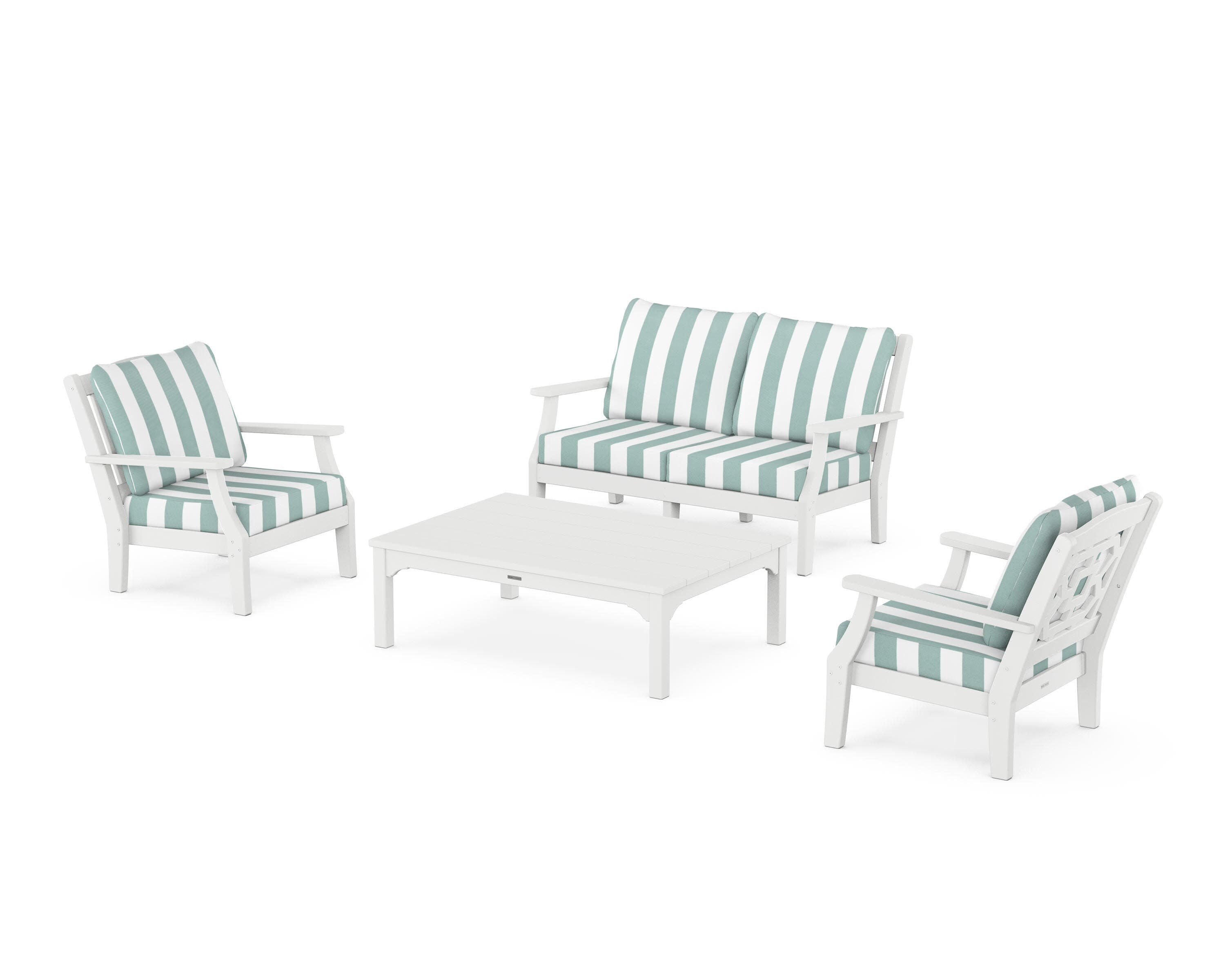 Chinoiserie 4-Piece Deep Seating Set with Loveseat in White / Cabana Stripe Glacier Spa