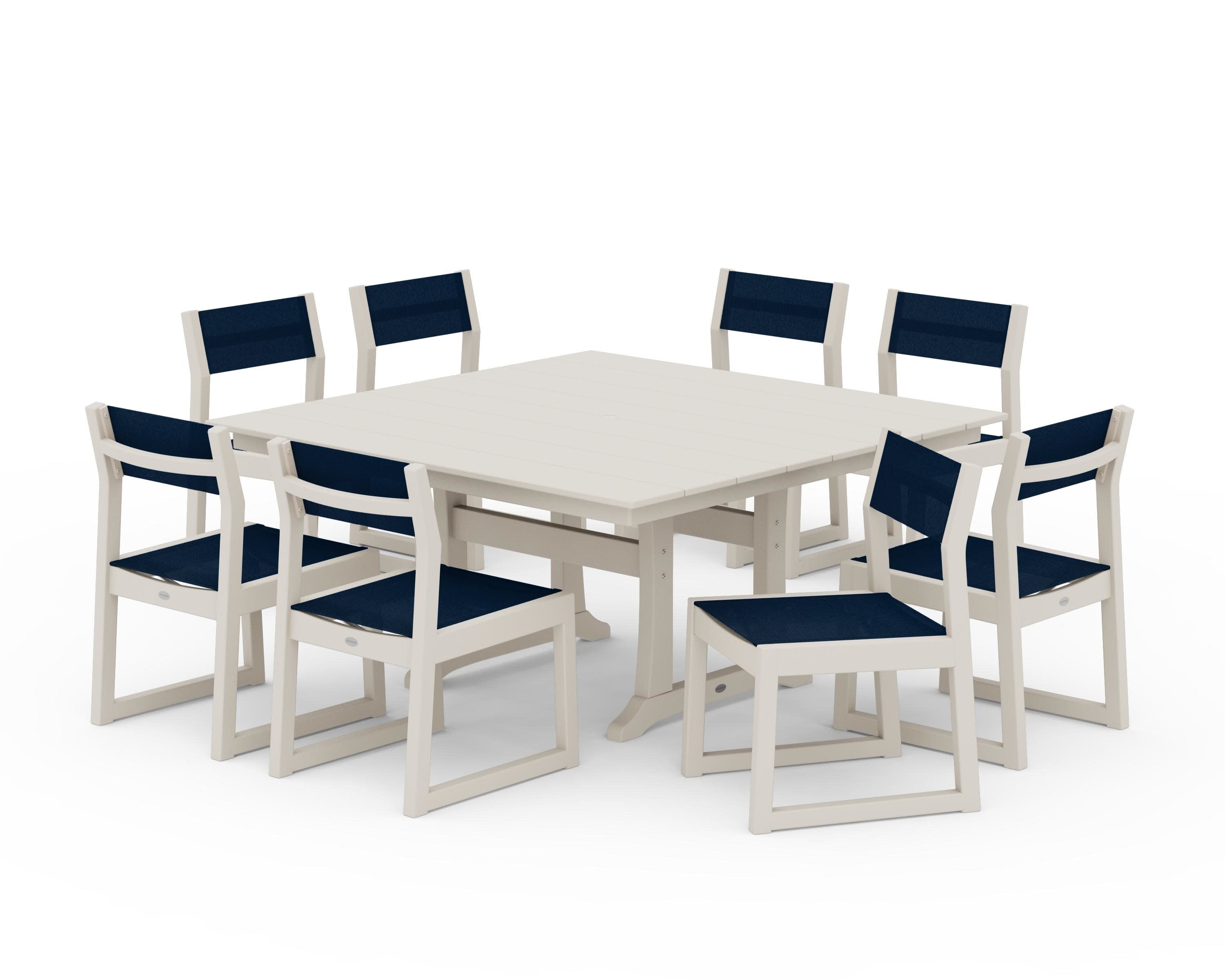 EDGE Sling Side Chair 9-Piece Farmhouse Trestle Dining Set in Sand / Navy Blue Sling