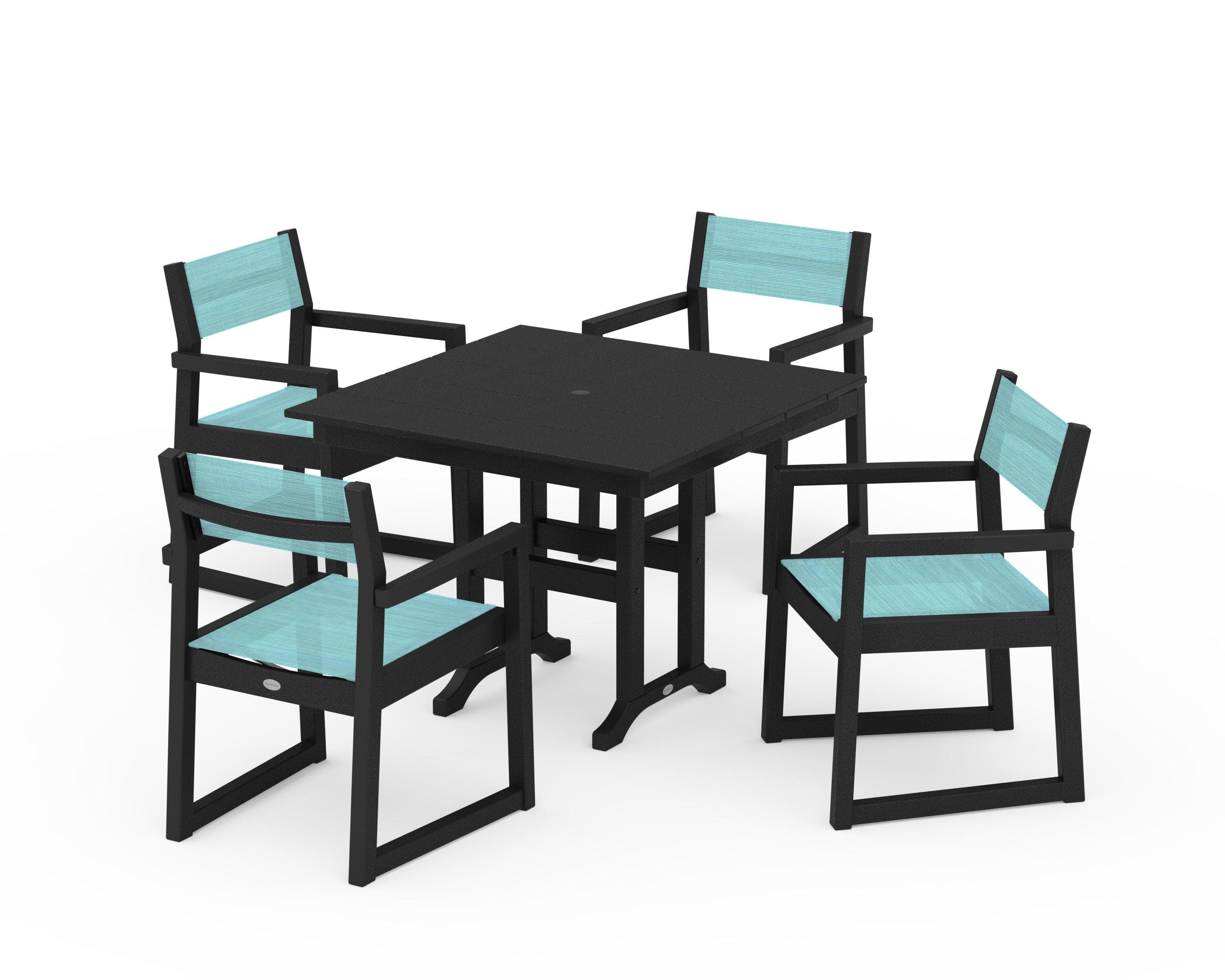 EDGE Sling Arm Chair 5-Piece Farmhouse Dining Set in Black / Dupioni Aquamarine Sling