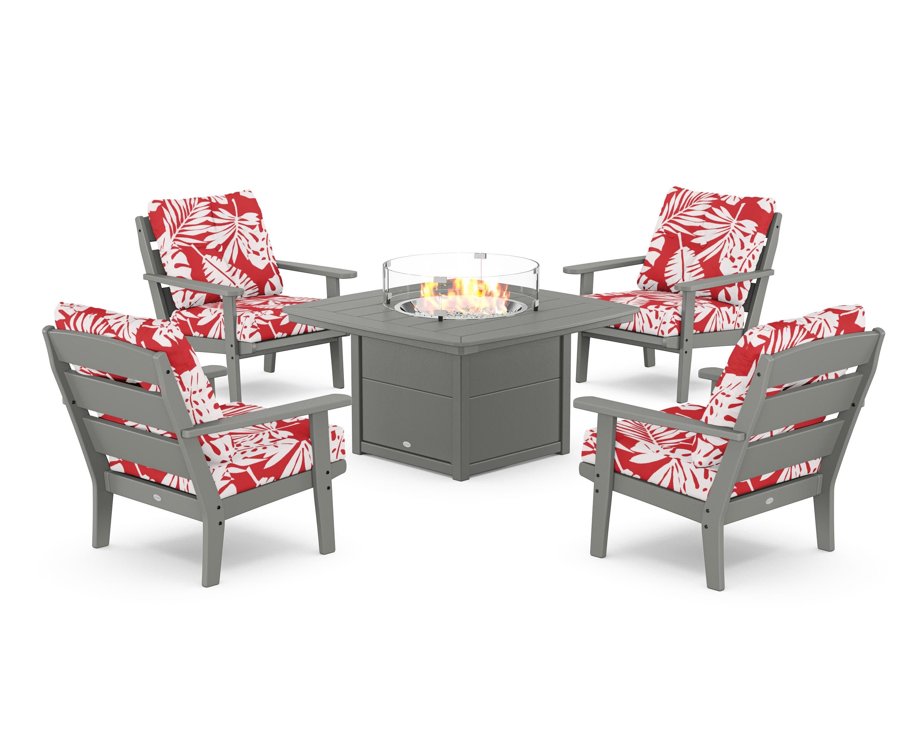 Lakeside 5-Piece Deep Seating Set with Nautical Fire Pit Table in Slate Grey / Leaf Crimson