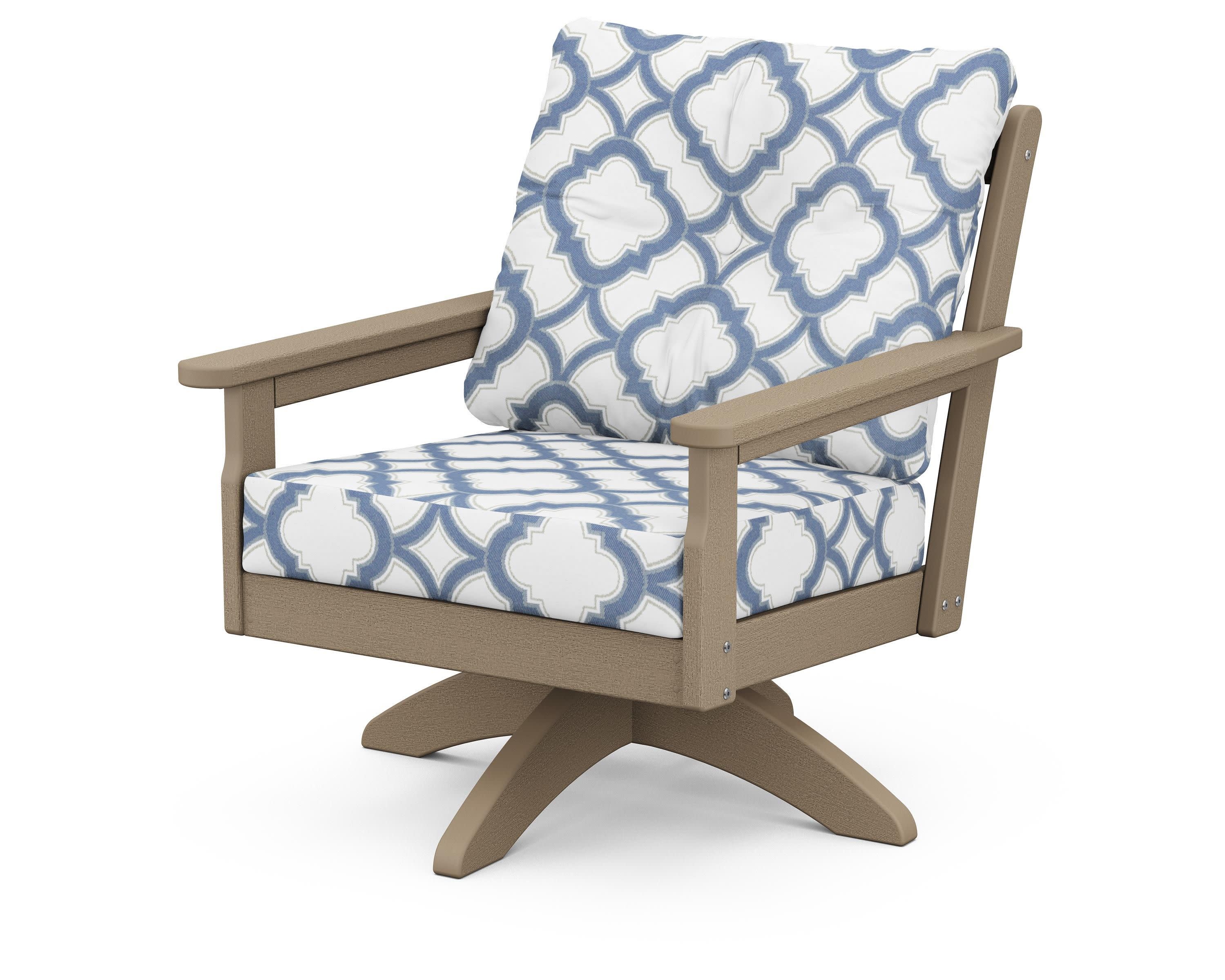 Vineyard Deep Seating Swivel Chair in Vintage Sahara / Trellis Sky Blue