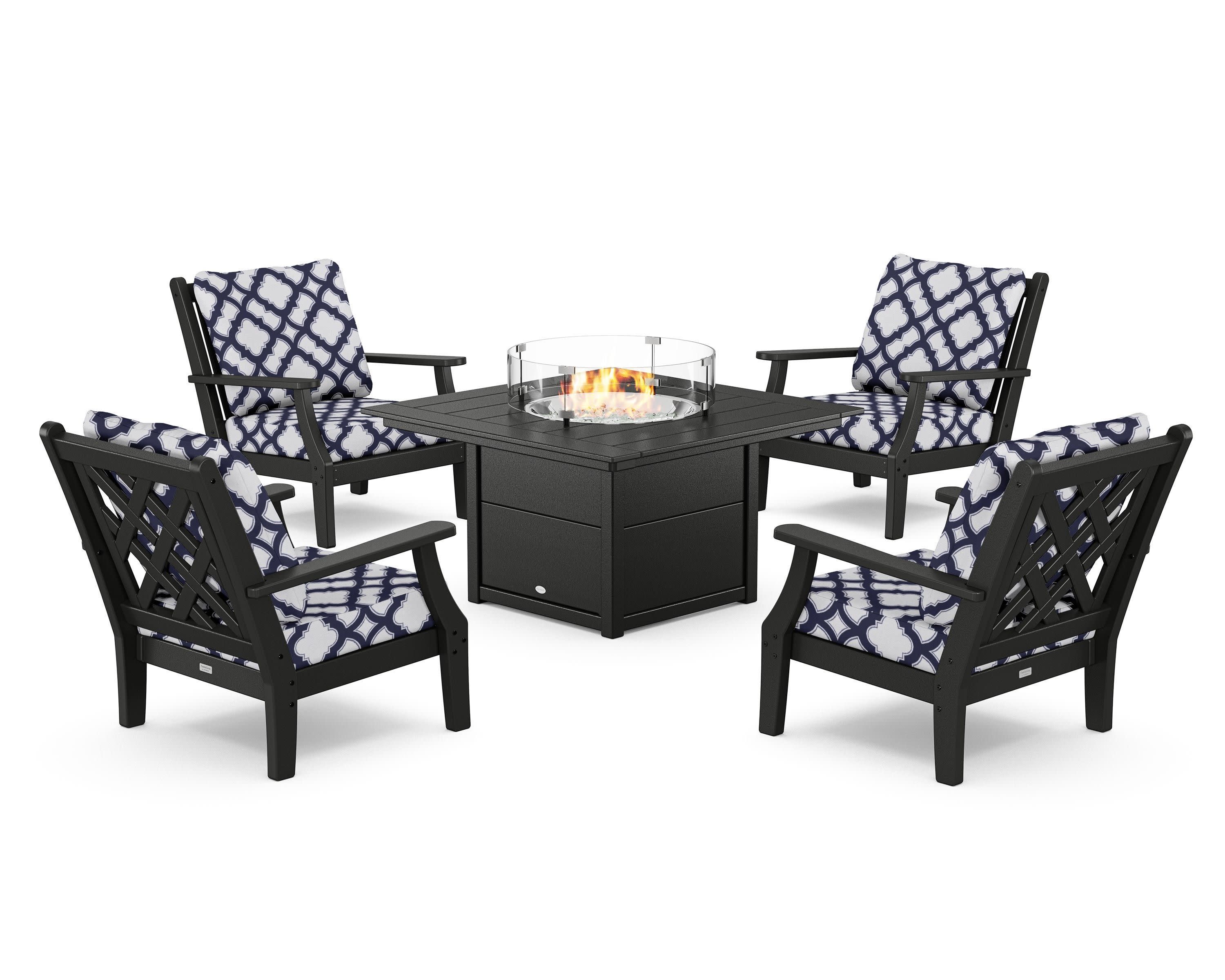 Wovendale 5-Piece Deep Seating Set with Fire Pit Table in Black / Trellis Navy