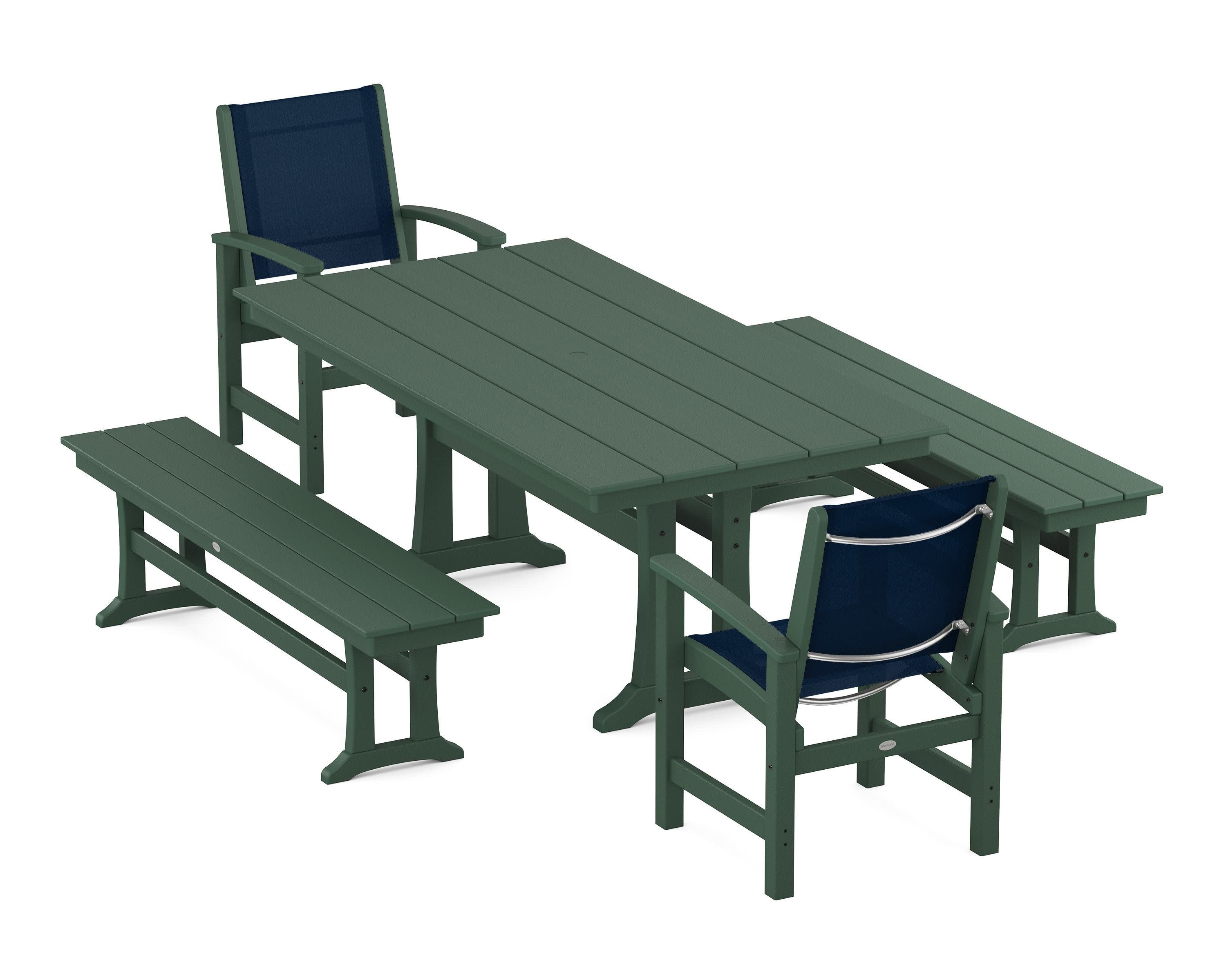 Coastal 5-Piece Farmhouse Dining Set with Trestle Legs and Benches in Green / Navy Blue Sling