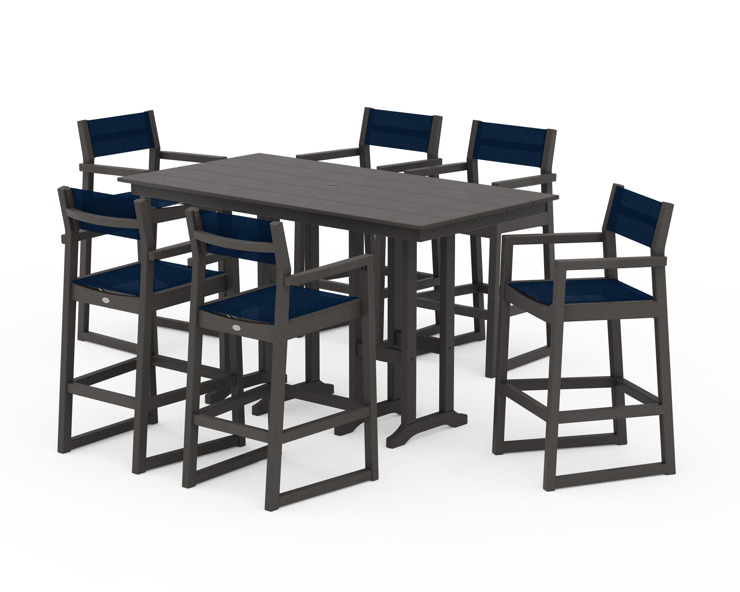 EDGE Sling Arm Chair 7-Piece Farmhouse Bar Set in Vintage Coffee / Navy Blue Sling