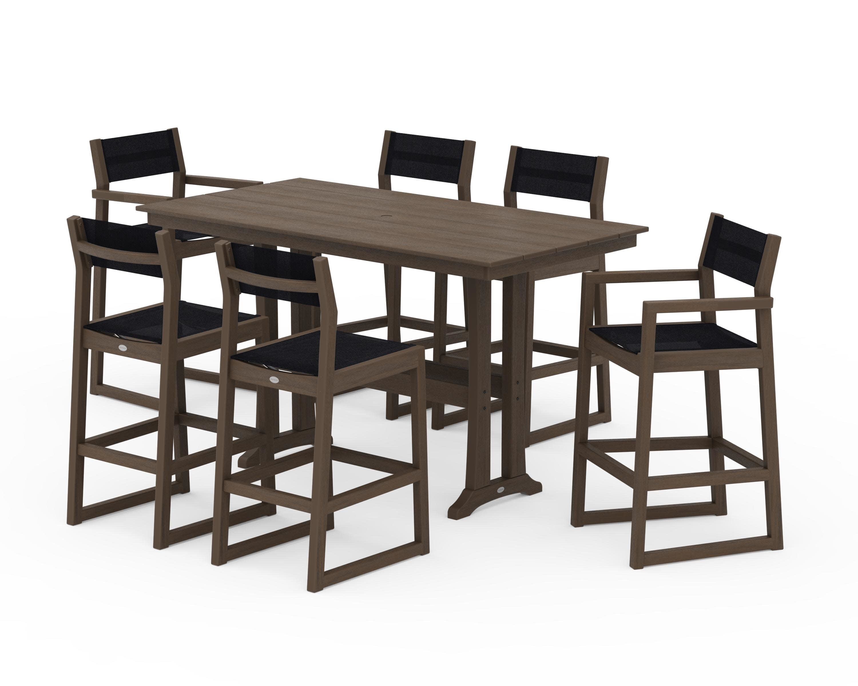 EDGE Sling 7-Piece Farmhouse Bar Set with Trestle Legs in Kona / Black Sling