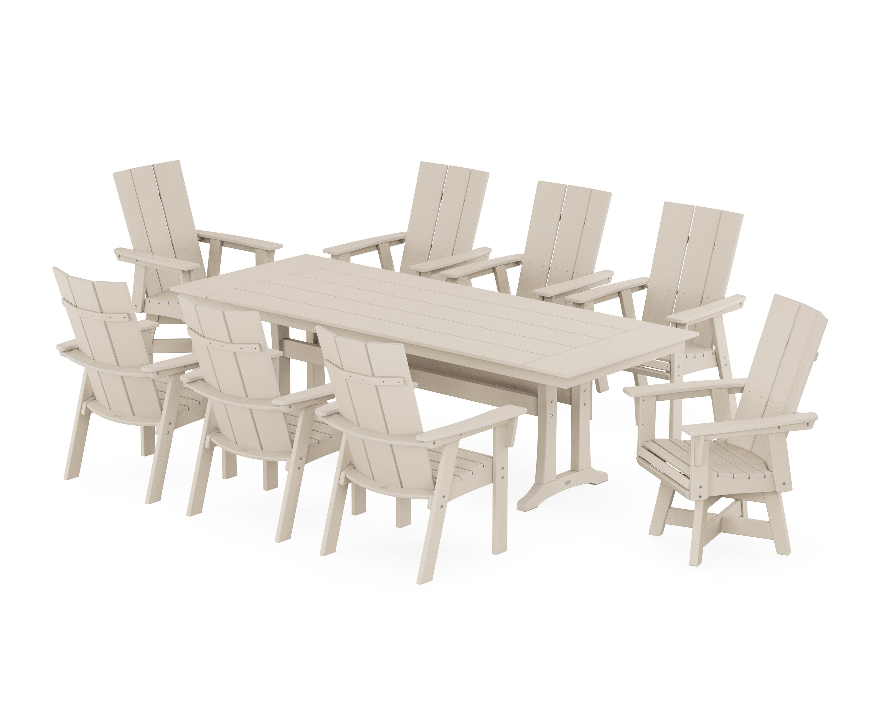 Modern Curveback Adirondack Swivel 9-Piece Farmhouse Dining Set with Trestle Legs in Sand