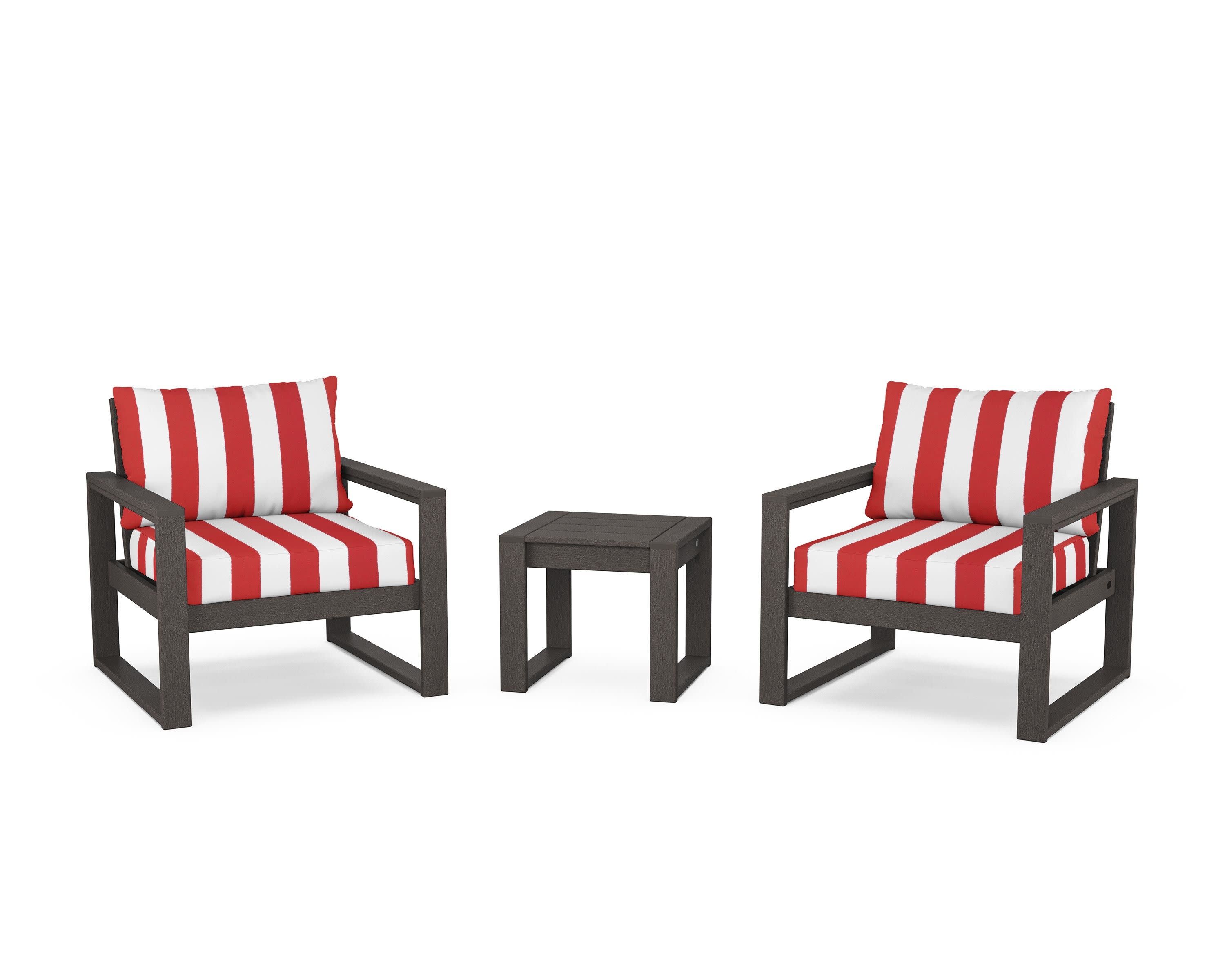 EDGE Sectional 3-Piece Deep Seating Set in Vintage Coffee / Cabana Stripe Crimson