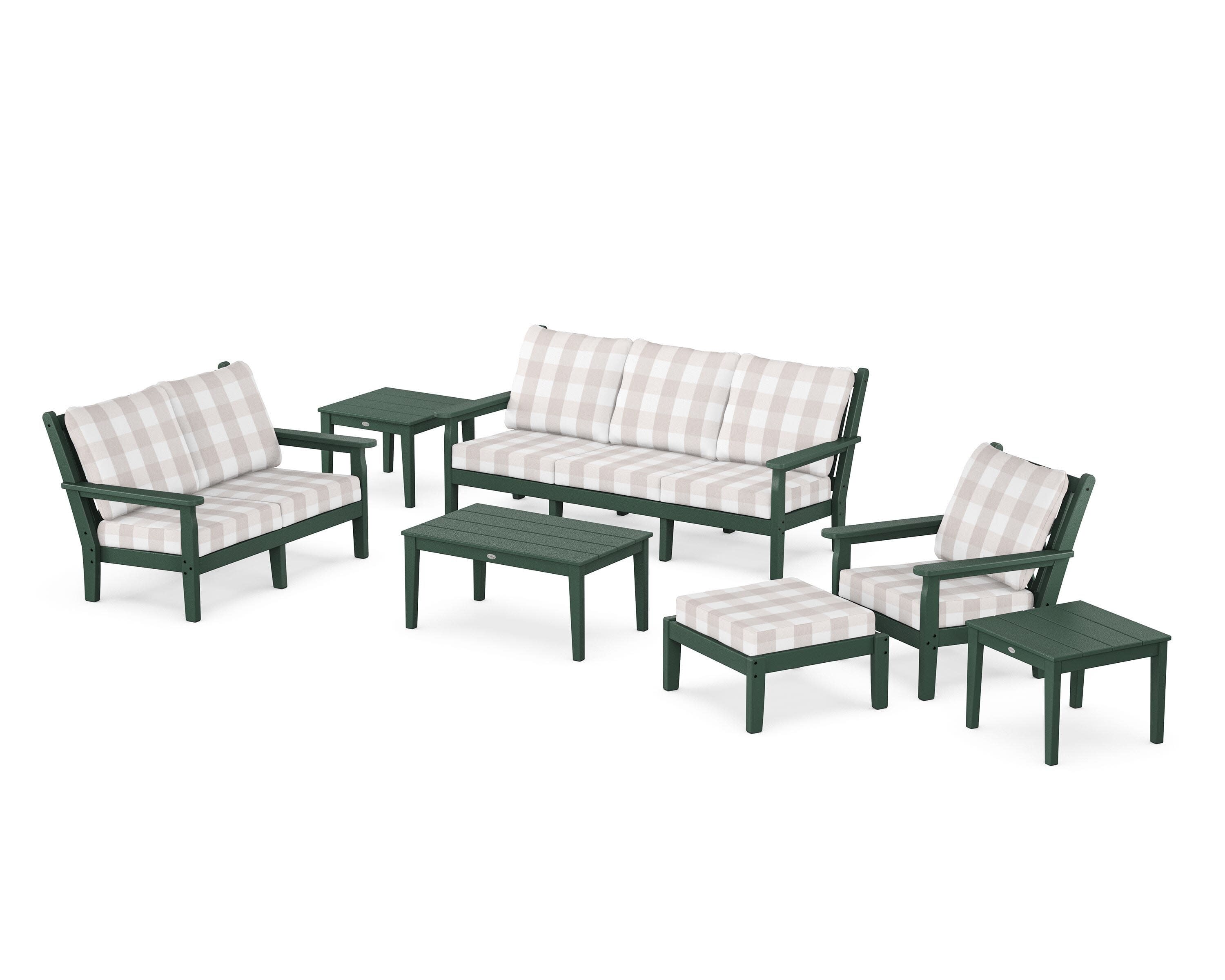 Chippendale 7-Piece Deep Seating Set in Green / Buffalo Plaid Dune Burlap