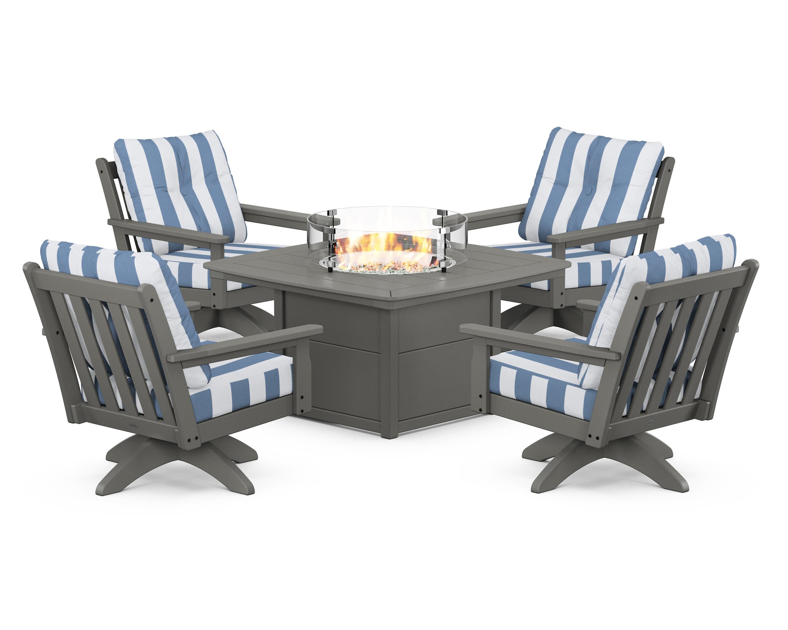 Vineyard 5-Piece Deep Seating Swivel Conversation Set with Fire Pit Table in Slate Grey / Cabana Stripe Sky Blue