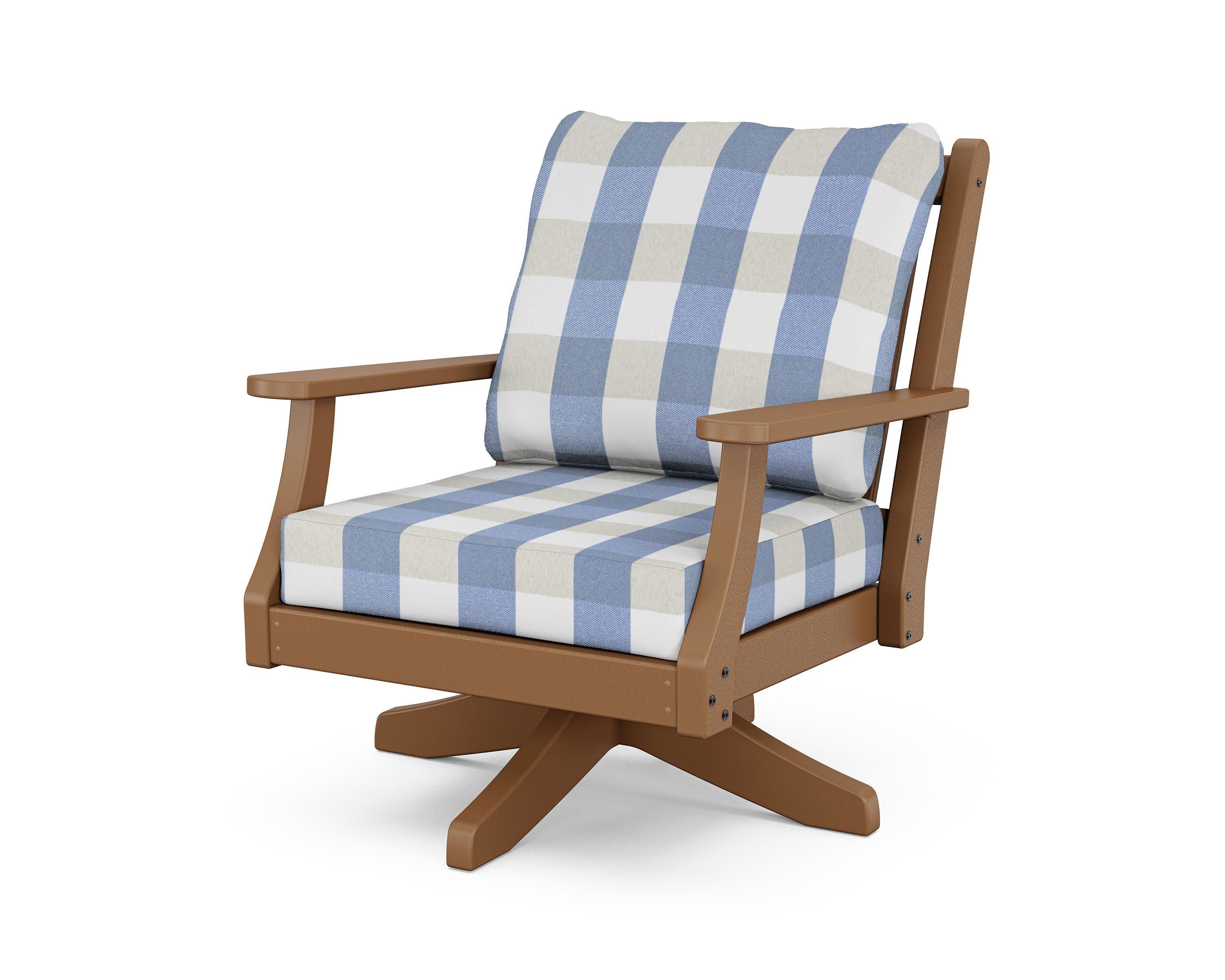 Wovendale Deep Seating Swivel Chair in Teak / Buffalo Plaid Sky Blue