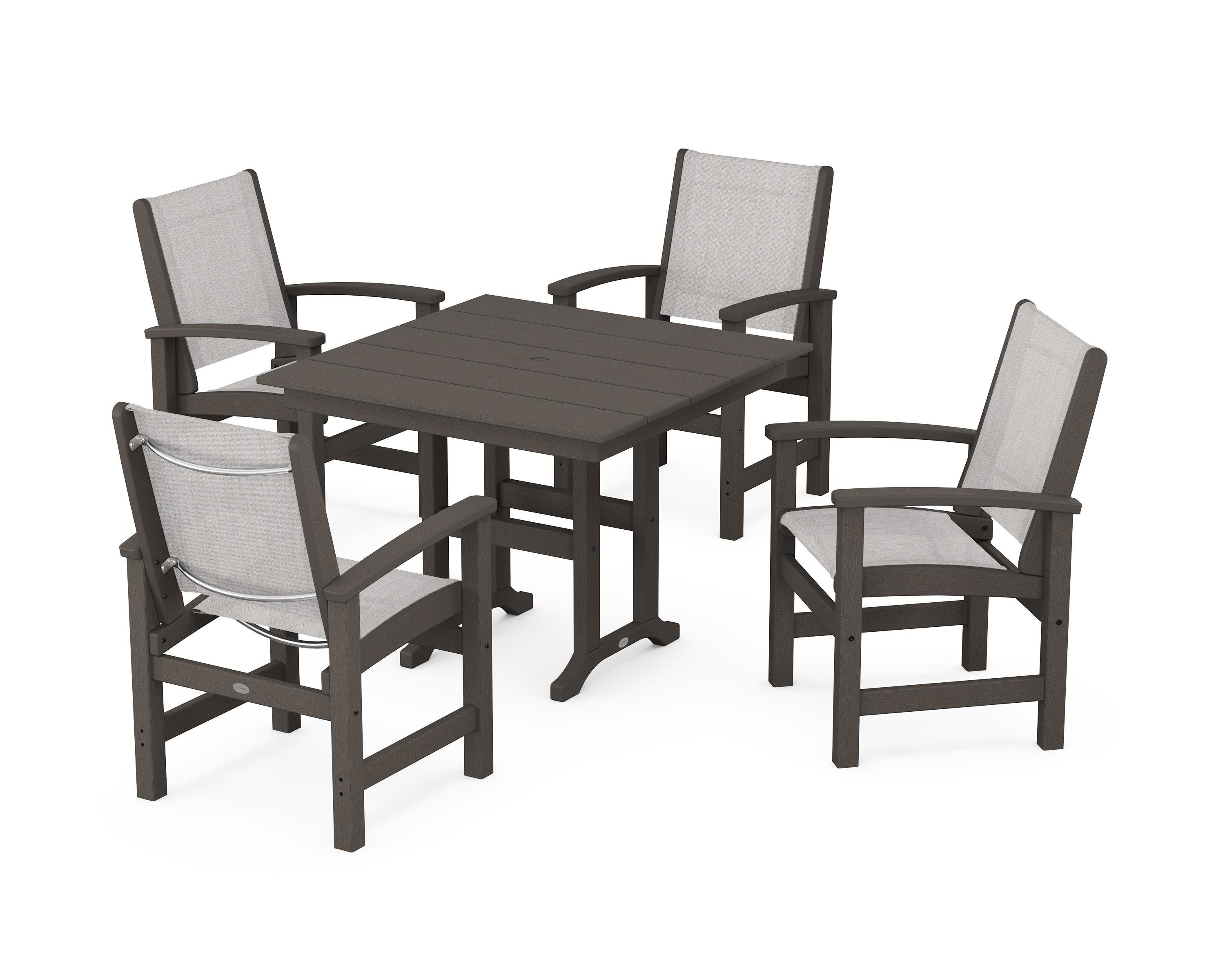 Coastal 5-Piece Farmhouse Dining Set in Vintage Coffee / Parchment Sling