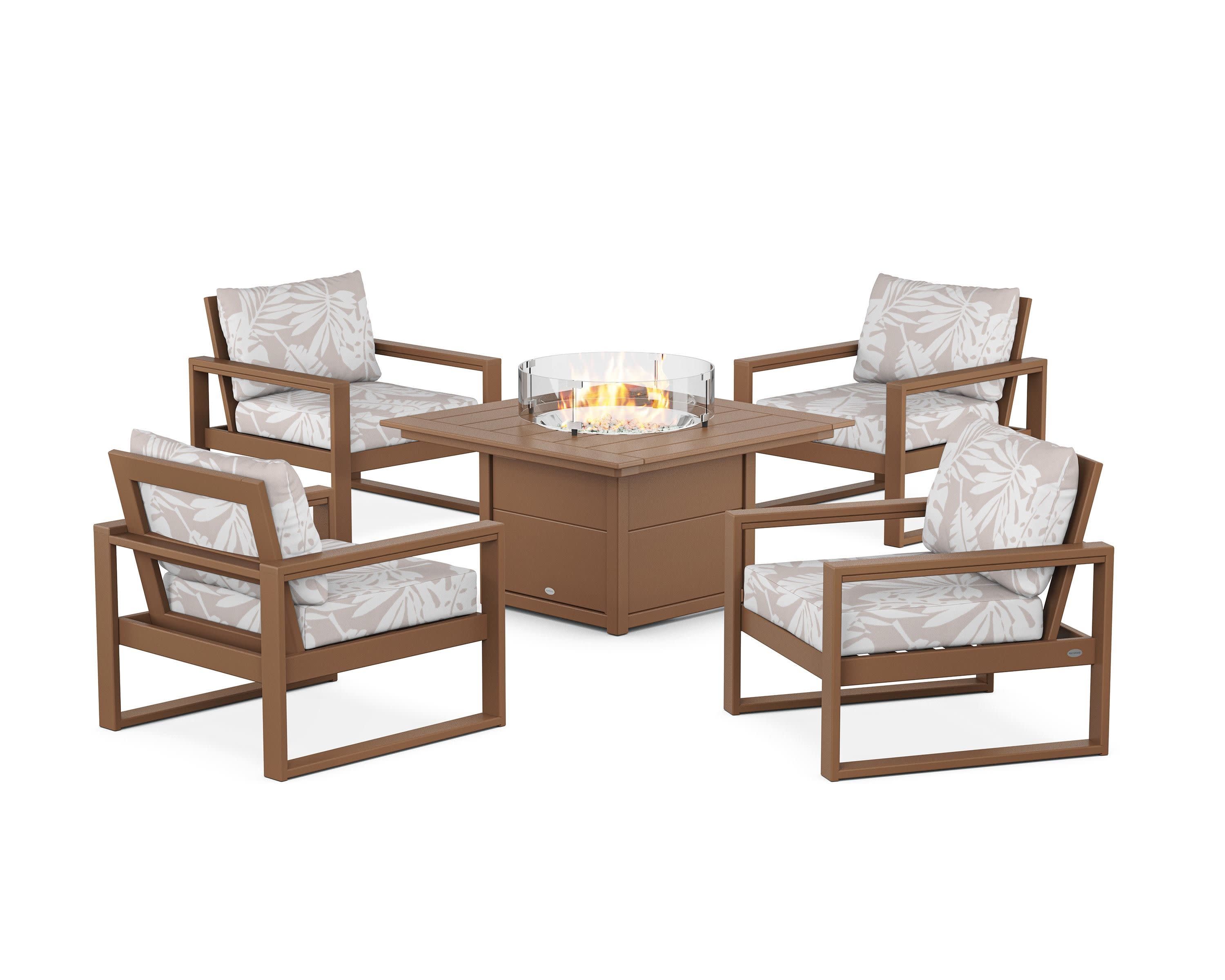 EDGE Sectional 5-Piece Deep Seating Set with Fire Pit Table in Teak / Leaf Dune Burlap
