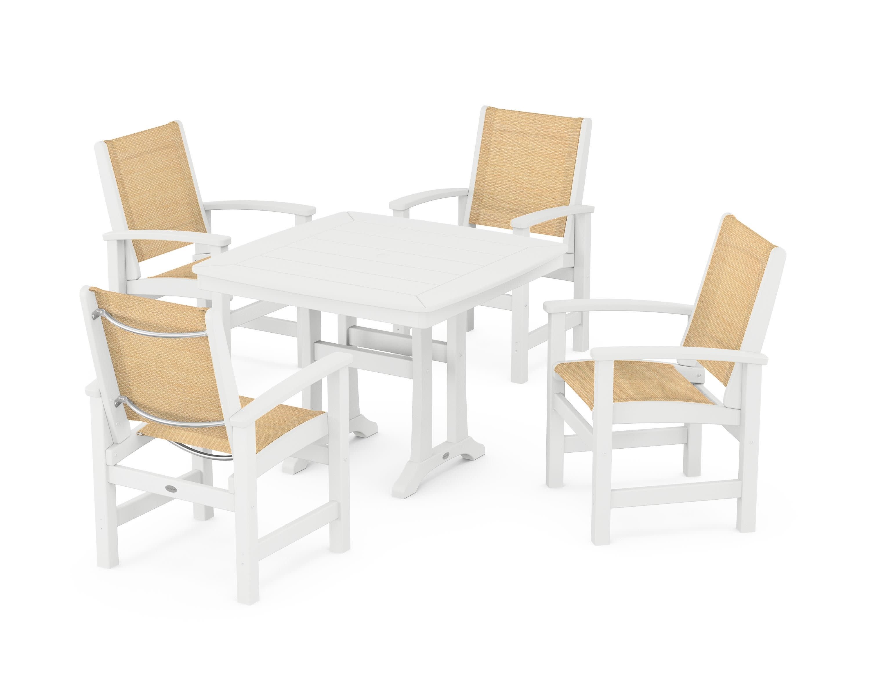 Coastal 5-Piece Dining Set with Trestle Legs in White / Dupioni Apricot Sling