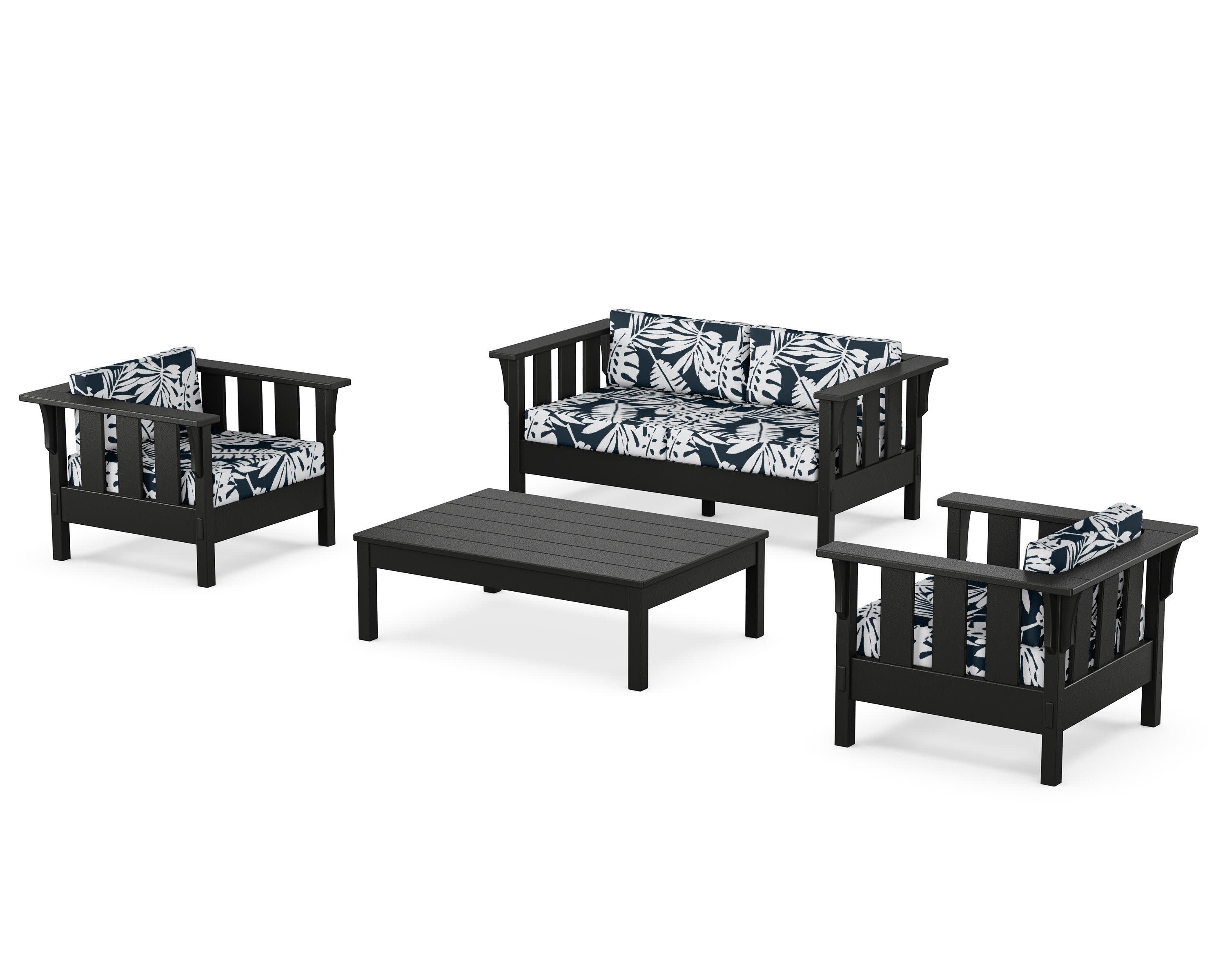 Acadia 4-Piece Deep Seating Set with Loveseat in Black / Leaf Marine Indigo