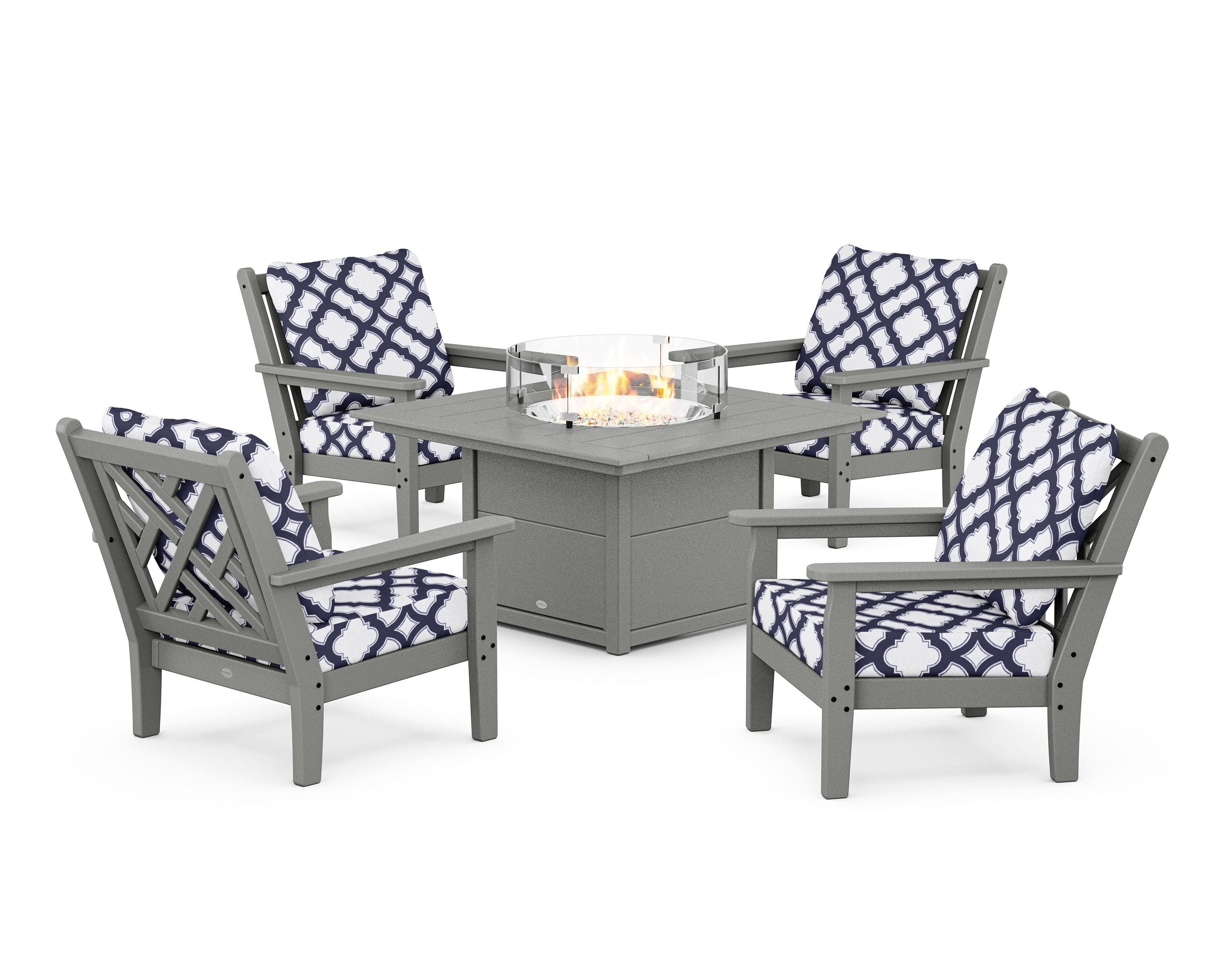 Chippendale 5-Piece Deep Seating Set with Fire Pit Table in Slate Grey / Trellis Navy