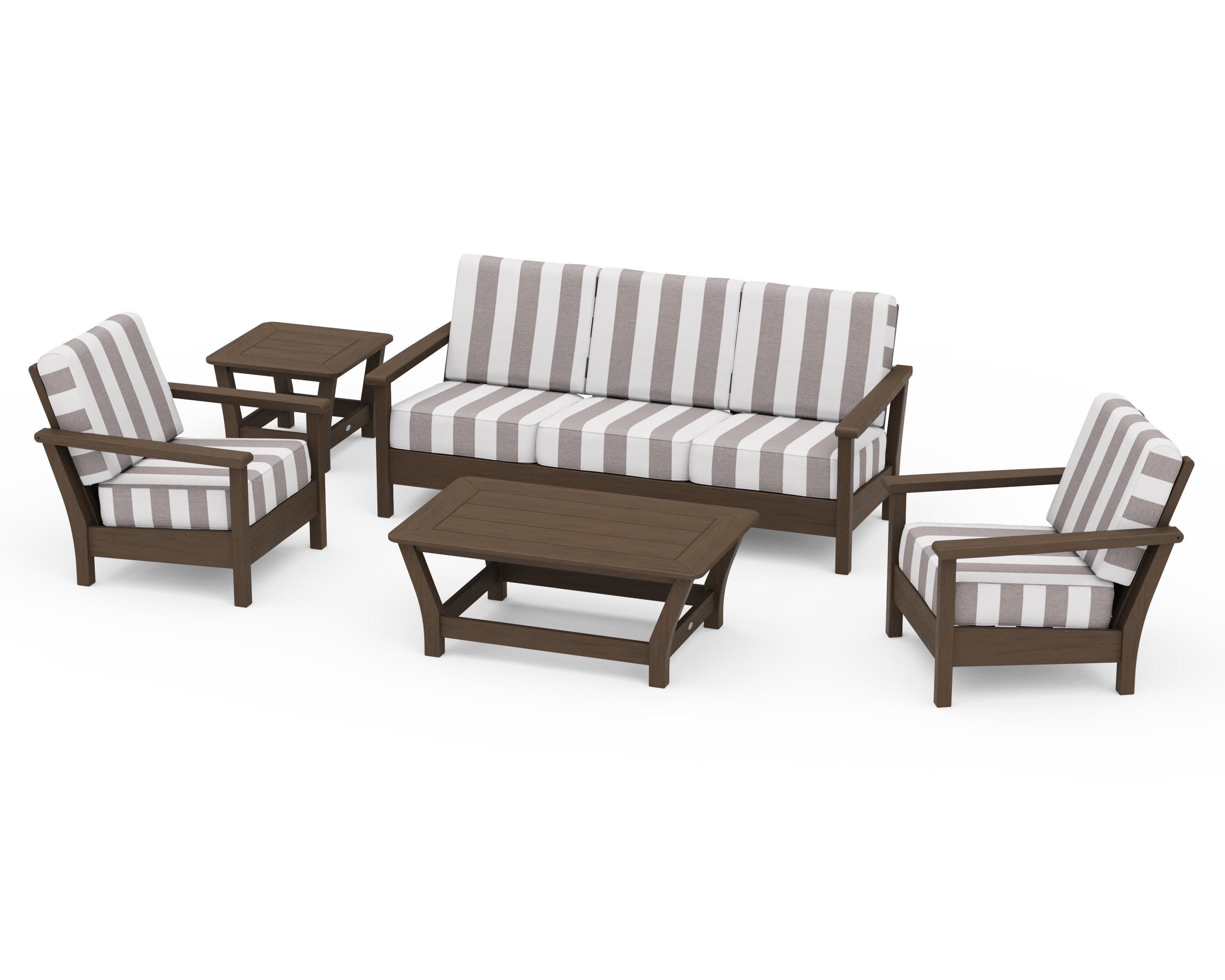 Harbour 5-Piece Deep Seating Set in Kona / Cabana Stripe Grey Mist