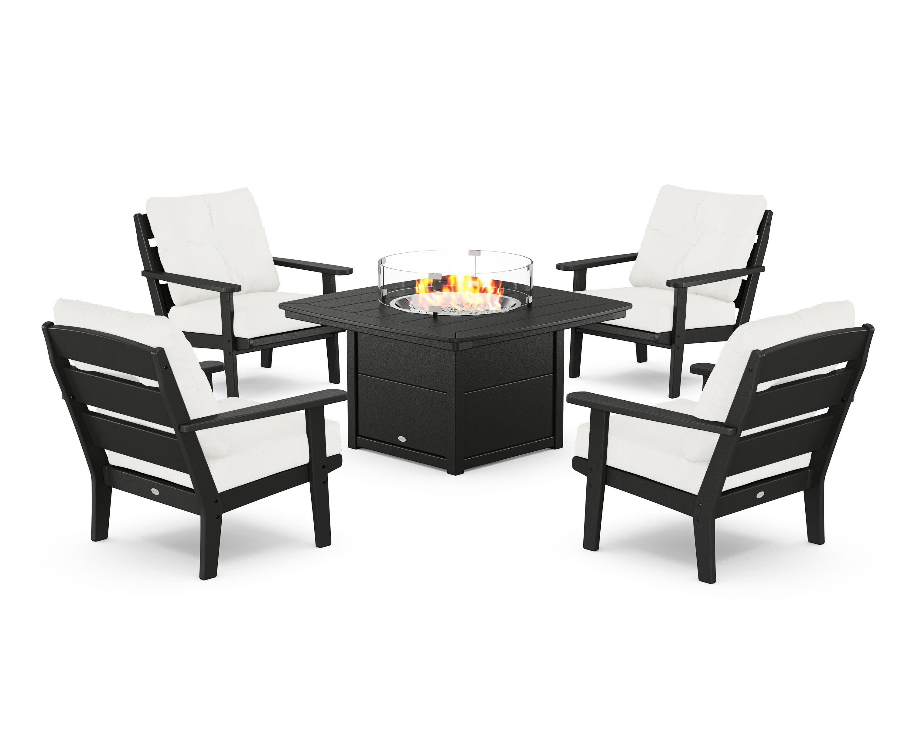 Lakeside 5-Piece Deep Seating Set with Nautical Fire Pit Table in Black / Natural Linen