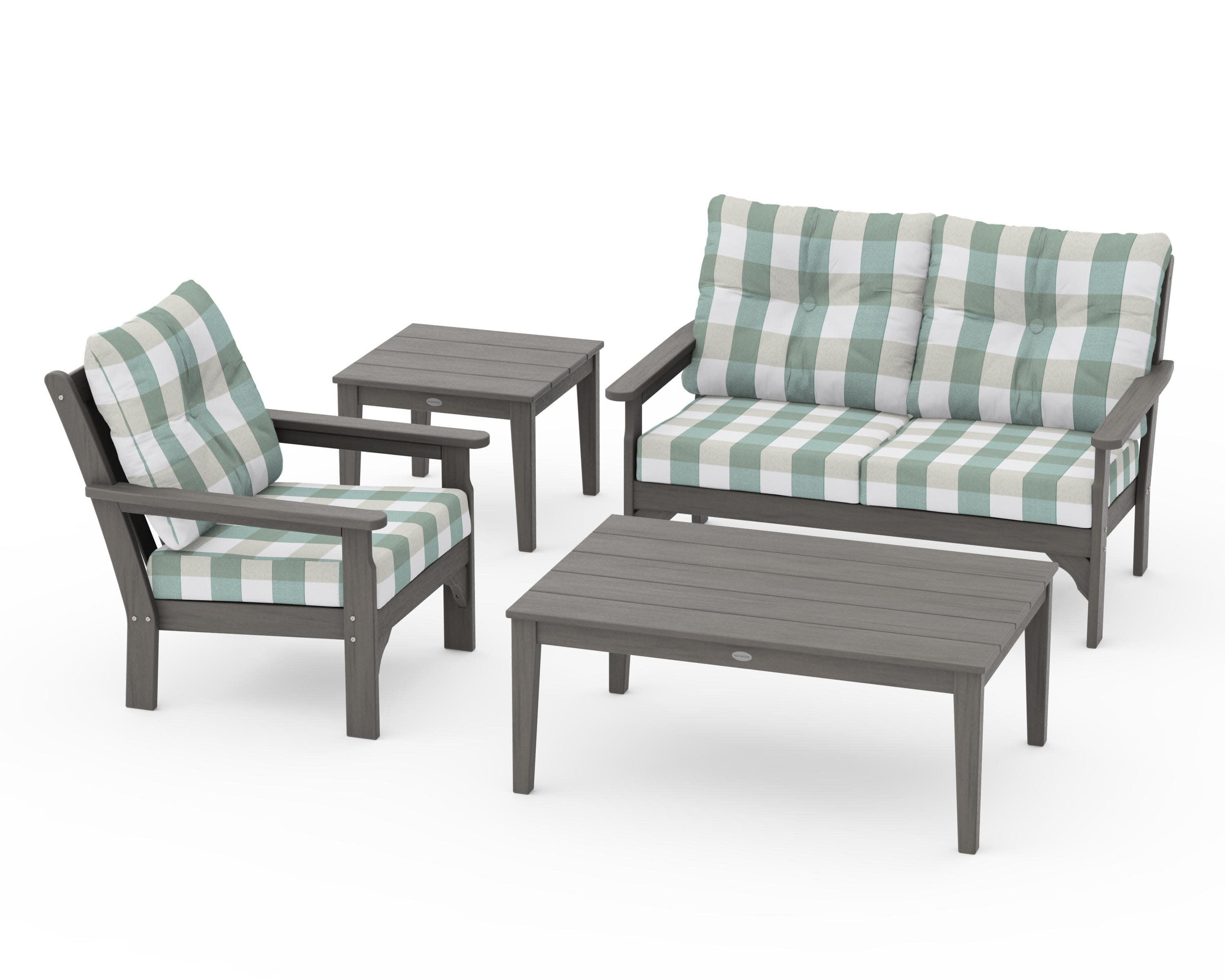 Vineyard 4-Piece Deep Seating Set in Driftwood / Buffalo Plaid Glacier Spa