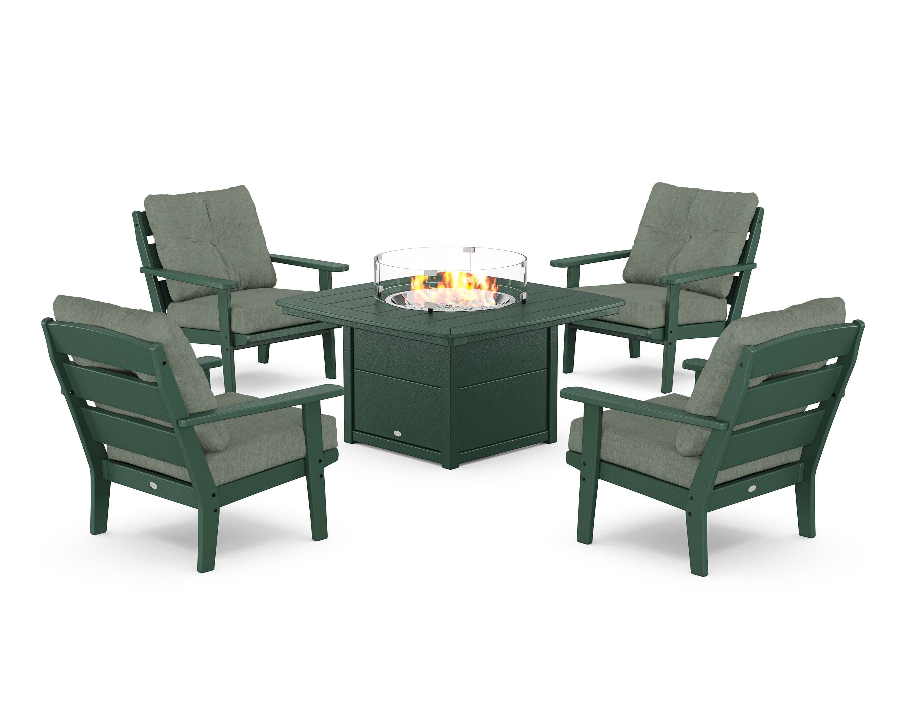 Lakeside 5-Piece Deep Seating Set with Nautical Fire Pit Table in Green / Cast Sage